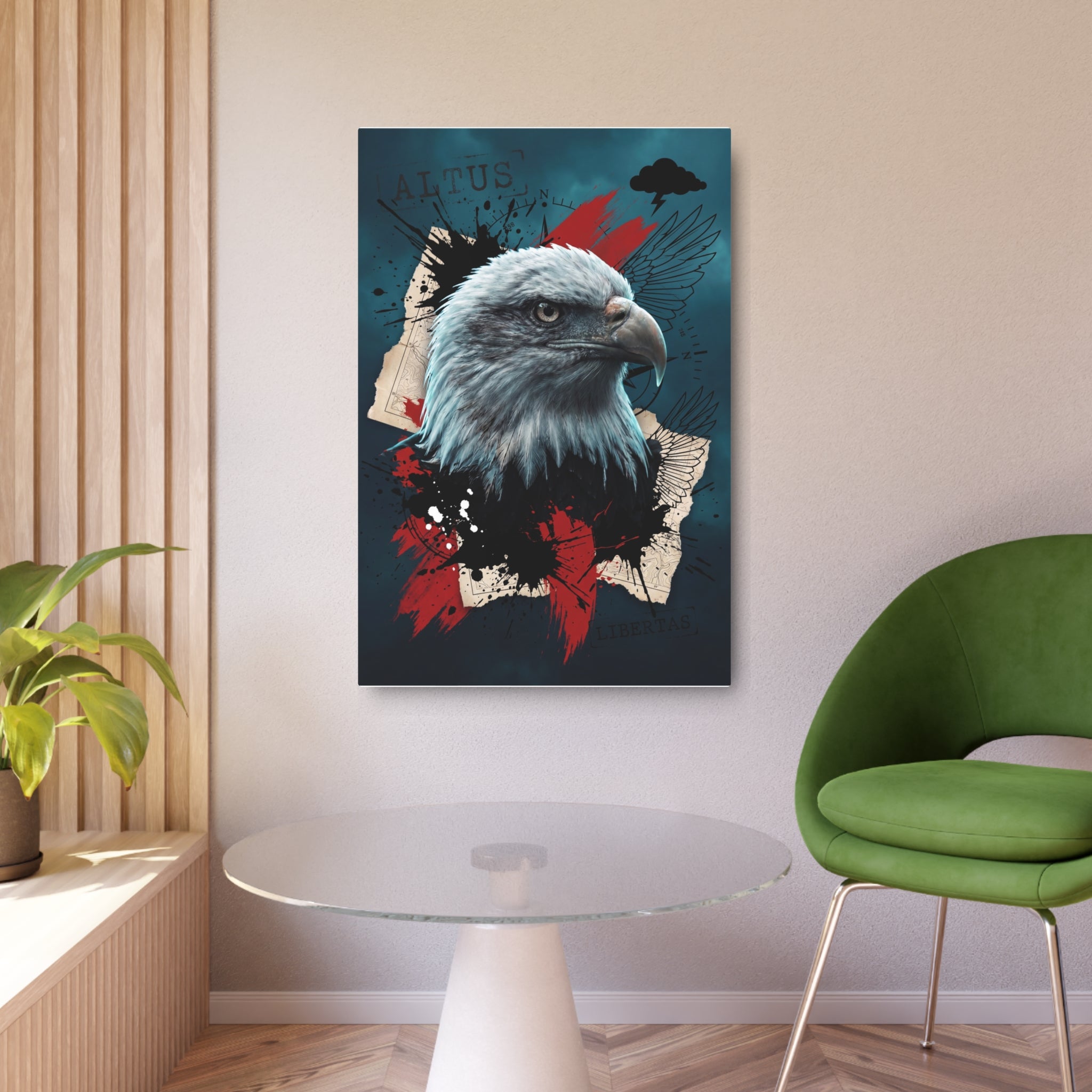 Adler-Wandposter in Schwarz/Rot/Teal mit weißem Kopf, Flügeln und Spritzgrafik