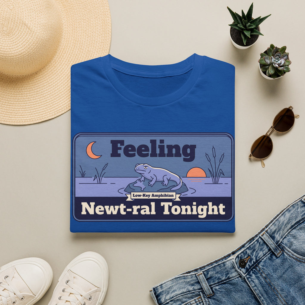 Royal blue T-shirt with cartoon newt and moon graphic, 'Feeling Newt-ral Tonight' text