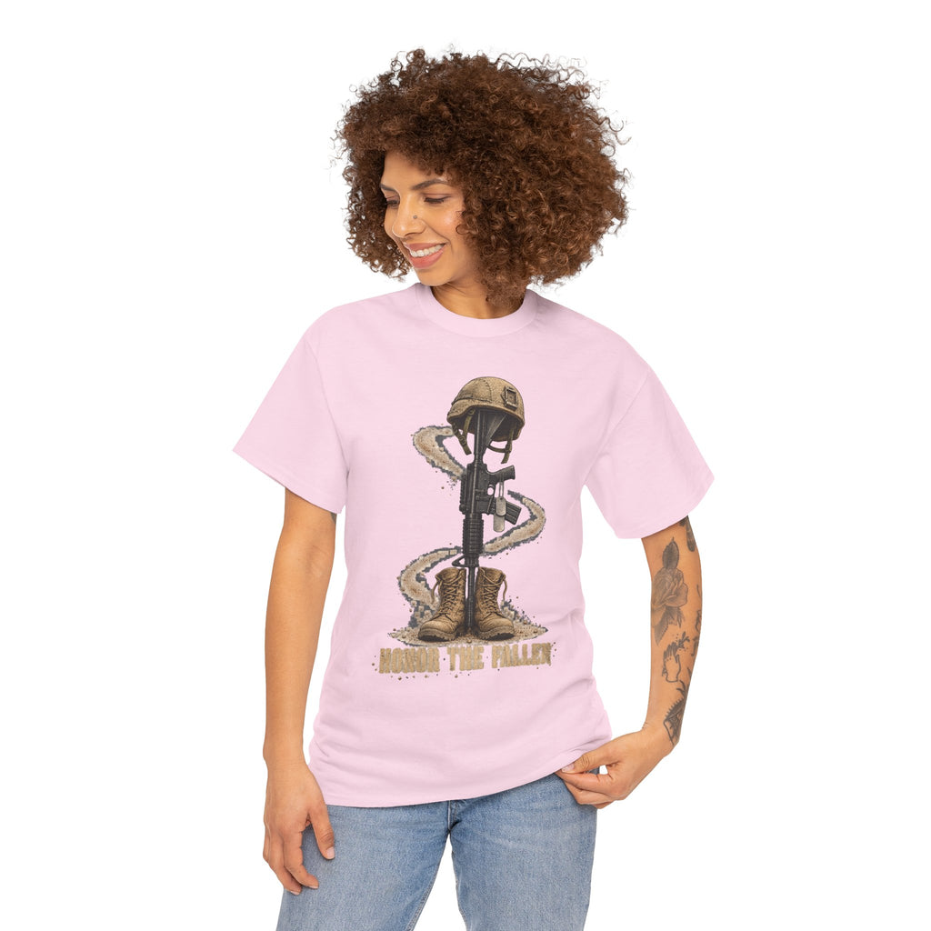 Light pink crewneck T-shirt worn by model, featuring helmeted soldier with rifle print
