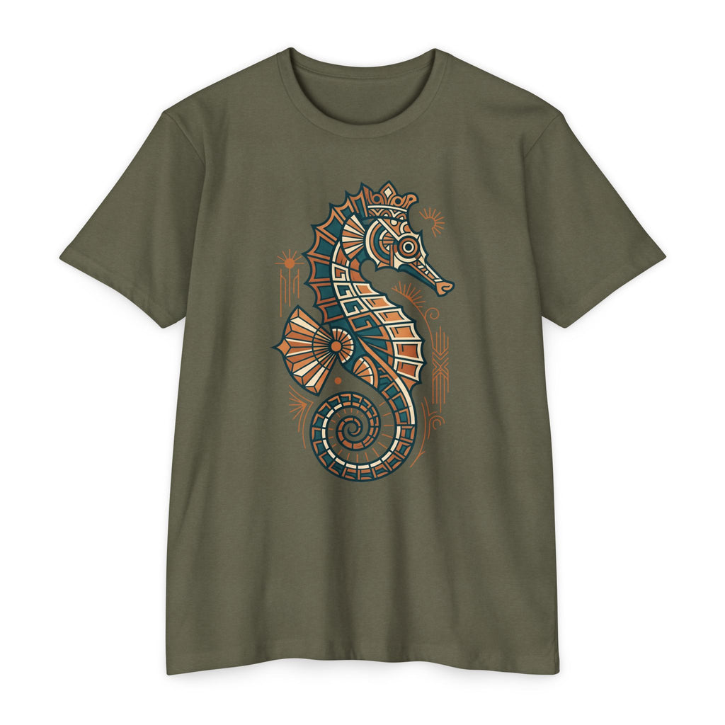 Unisex dark green T-shirt with colorful seahorse mosaic graphic on front