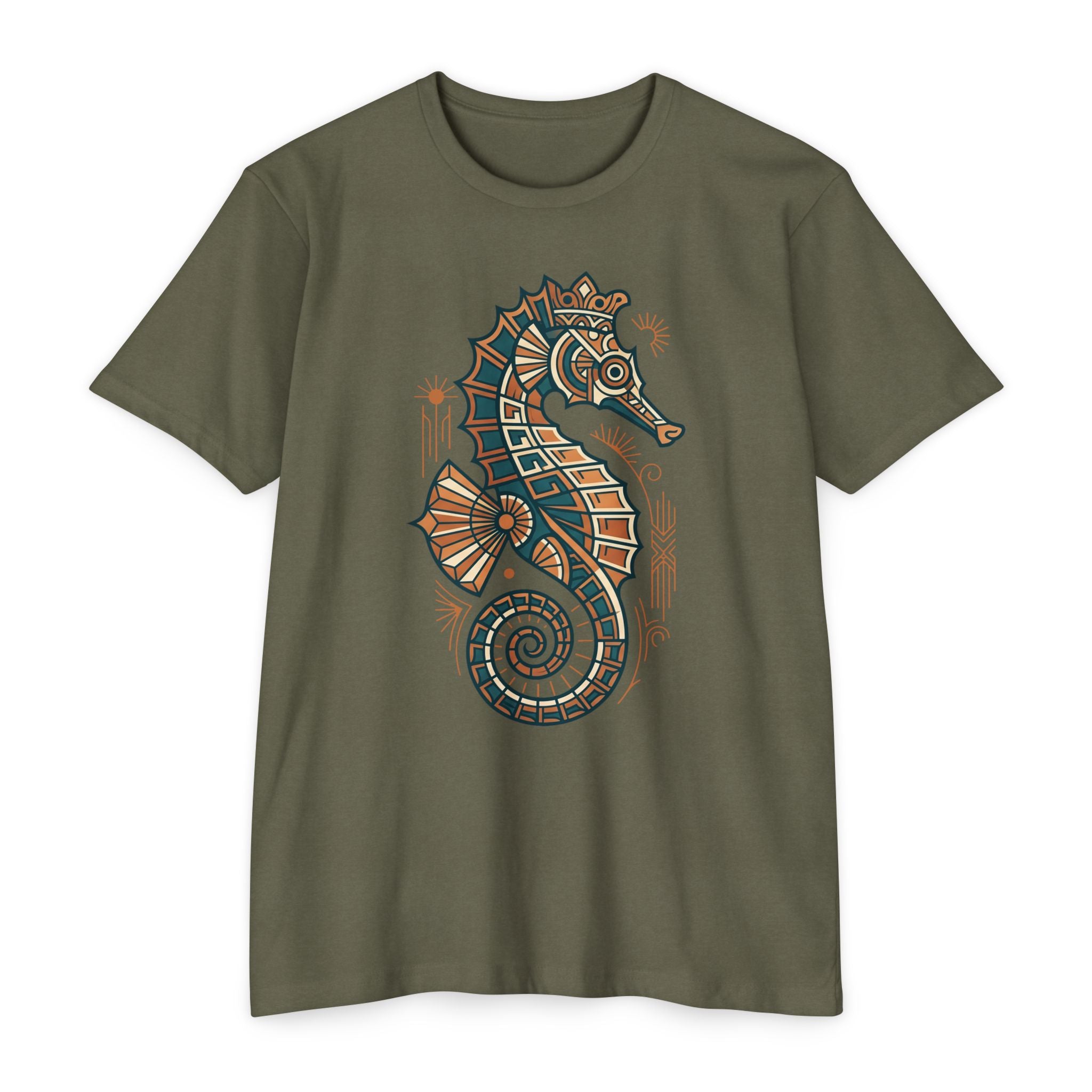 Unisex dark green T-shirt with colorful seahorse mosaic graphic on front