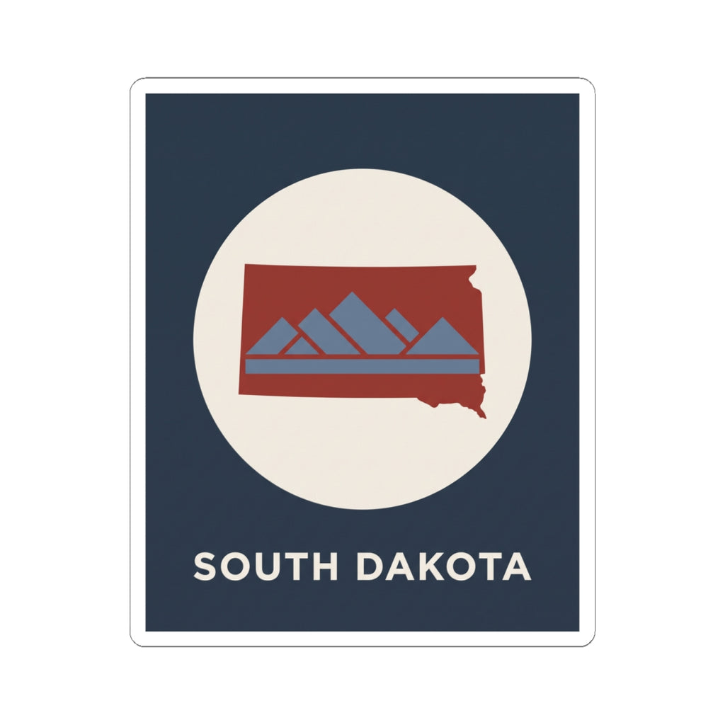 South Dakota map badge sticker on navy square backing with white circle and SOUTH DAKOTA text