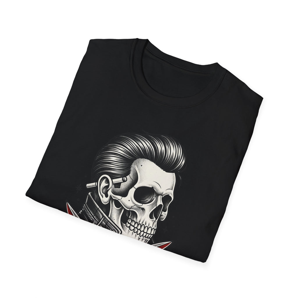 Black Rockabilly Rebel T-Shirt with stylized skull and razor tattoo art