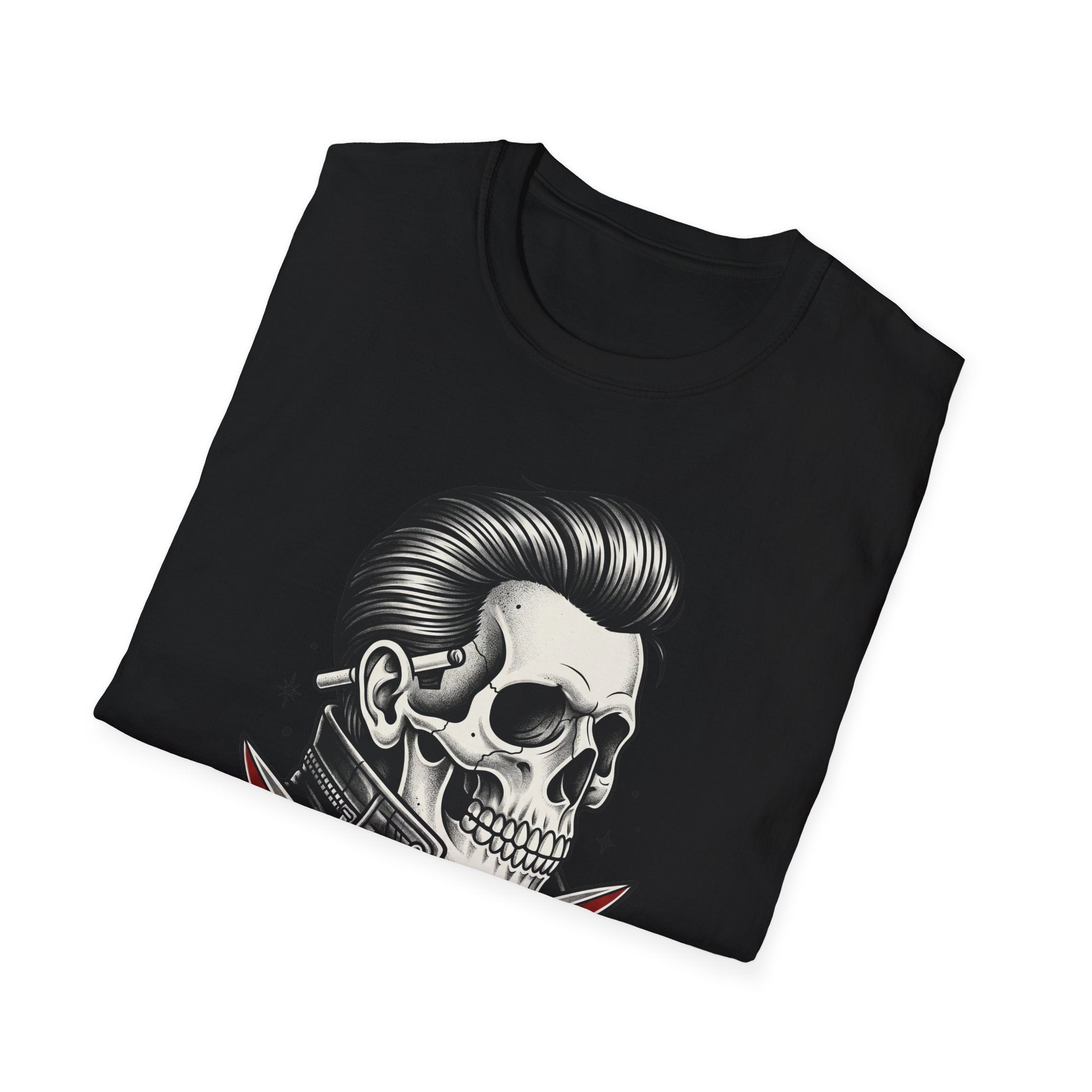 Black Rockabilly Rebel T-Shirt with stylized skull and razor tattoo art
