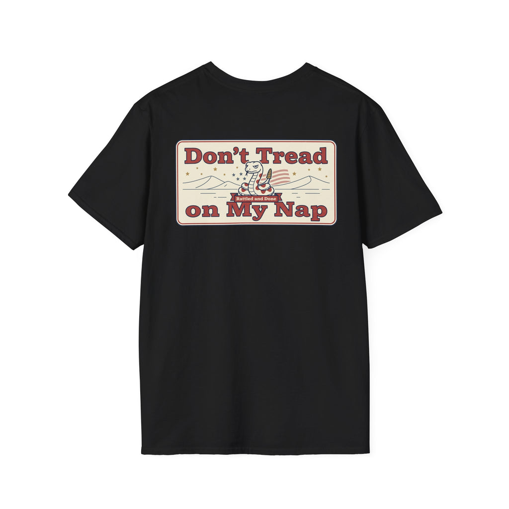 Black crewneck T-shirt with “Don’t Tread on My Nap” slogan graphic on back