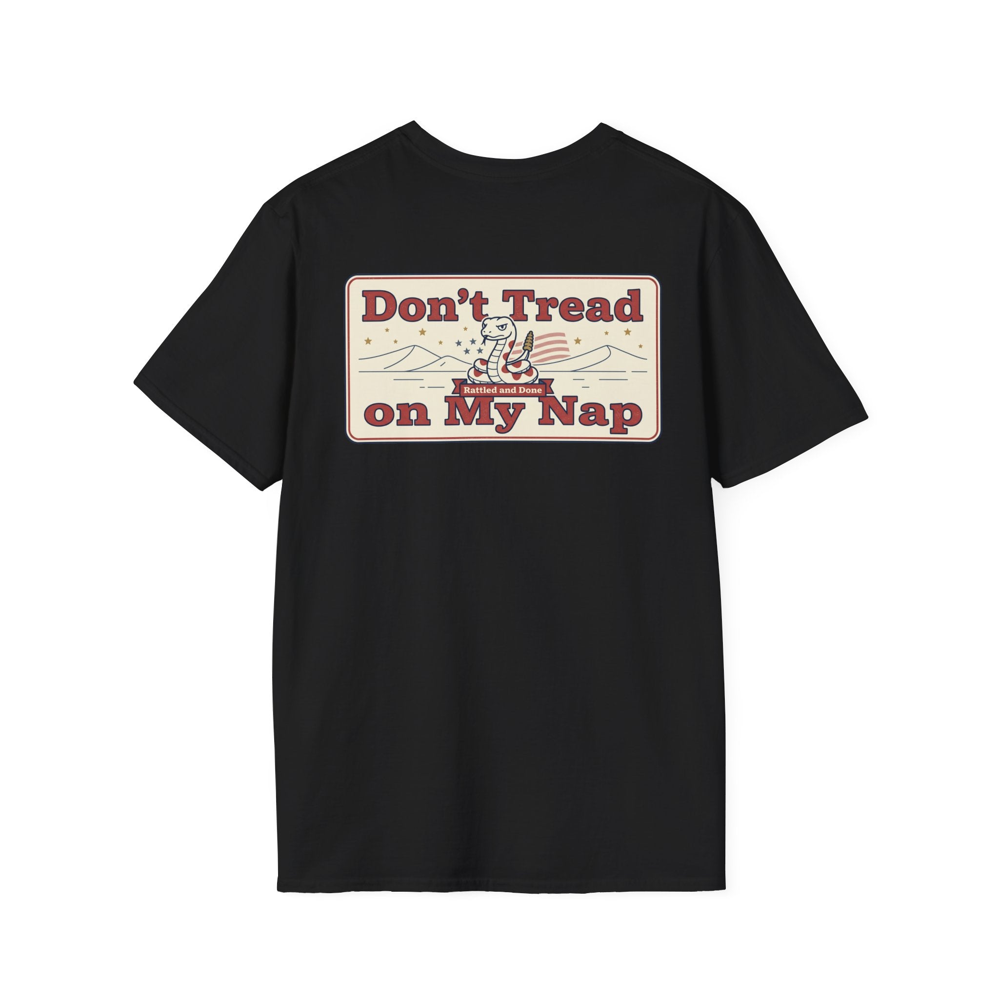 Black crewneck T-shirt with “Don’t Tread on My Nap” slogan graphic on back