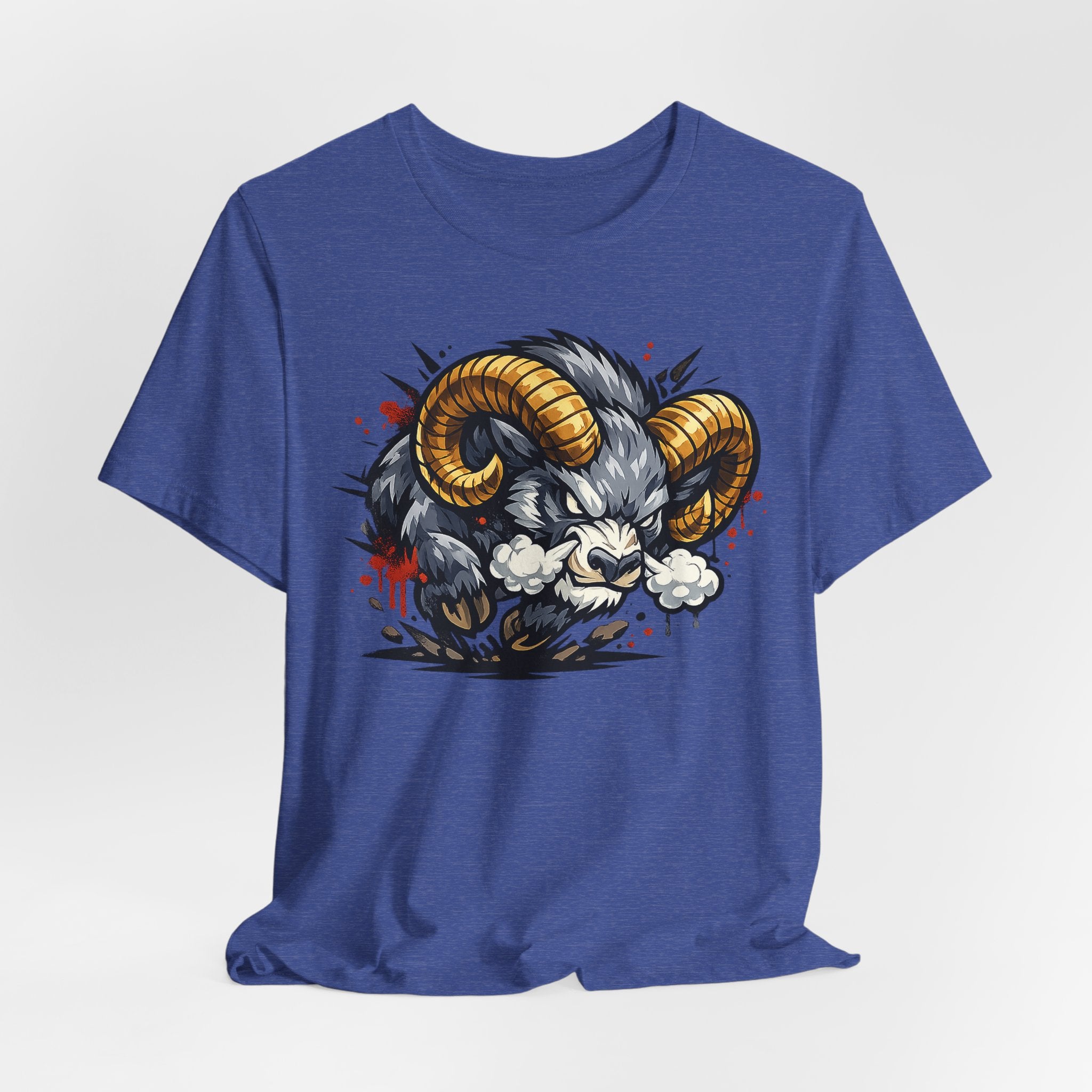Blue unisex t-shirt with charging ram head graphic on chest