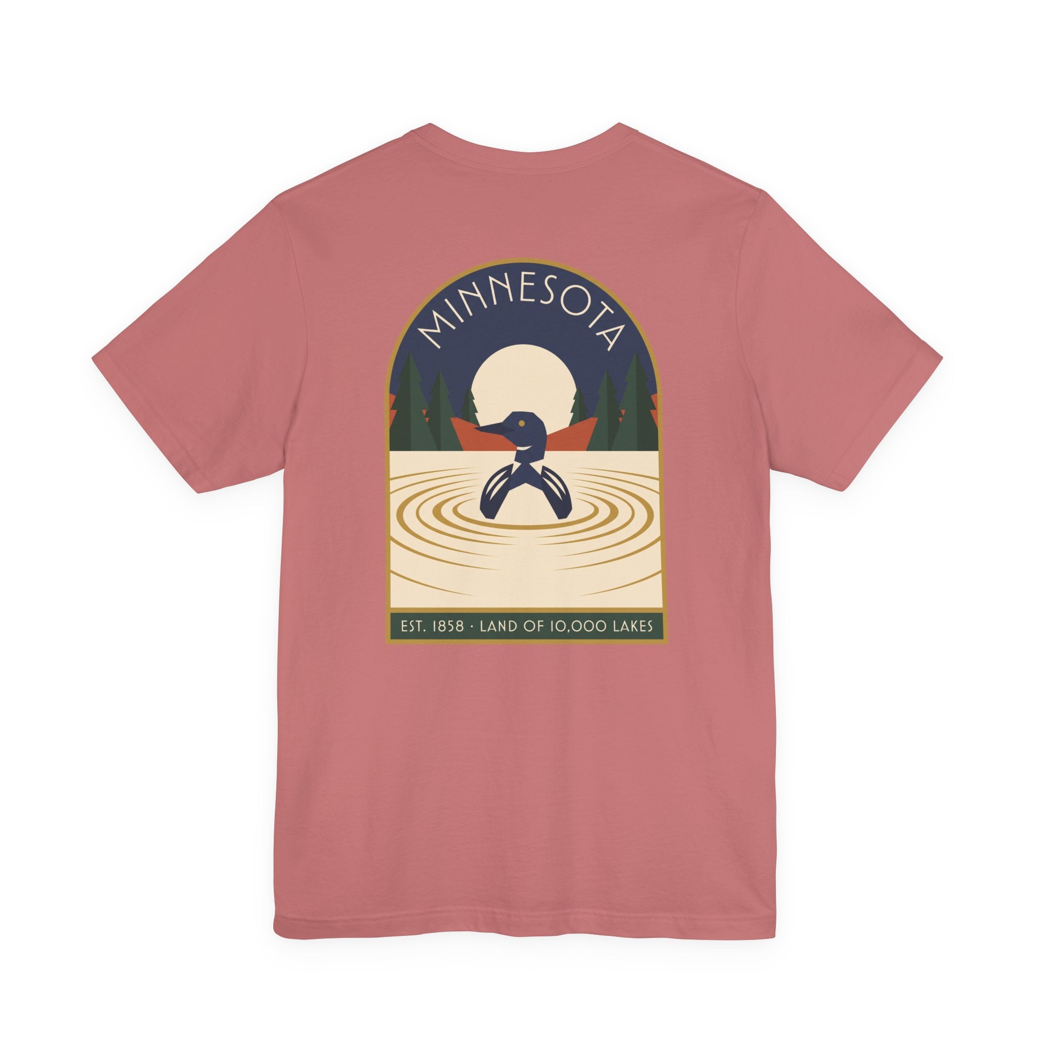 Dusty rose T-shirt with centered square Minnesota logo featuring a loon and water ripples