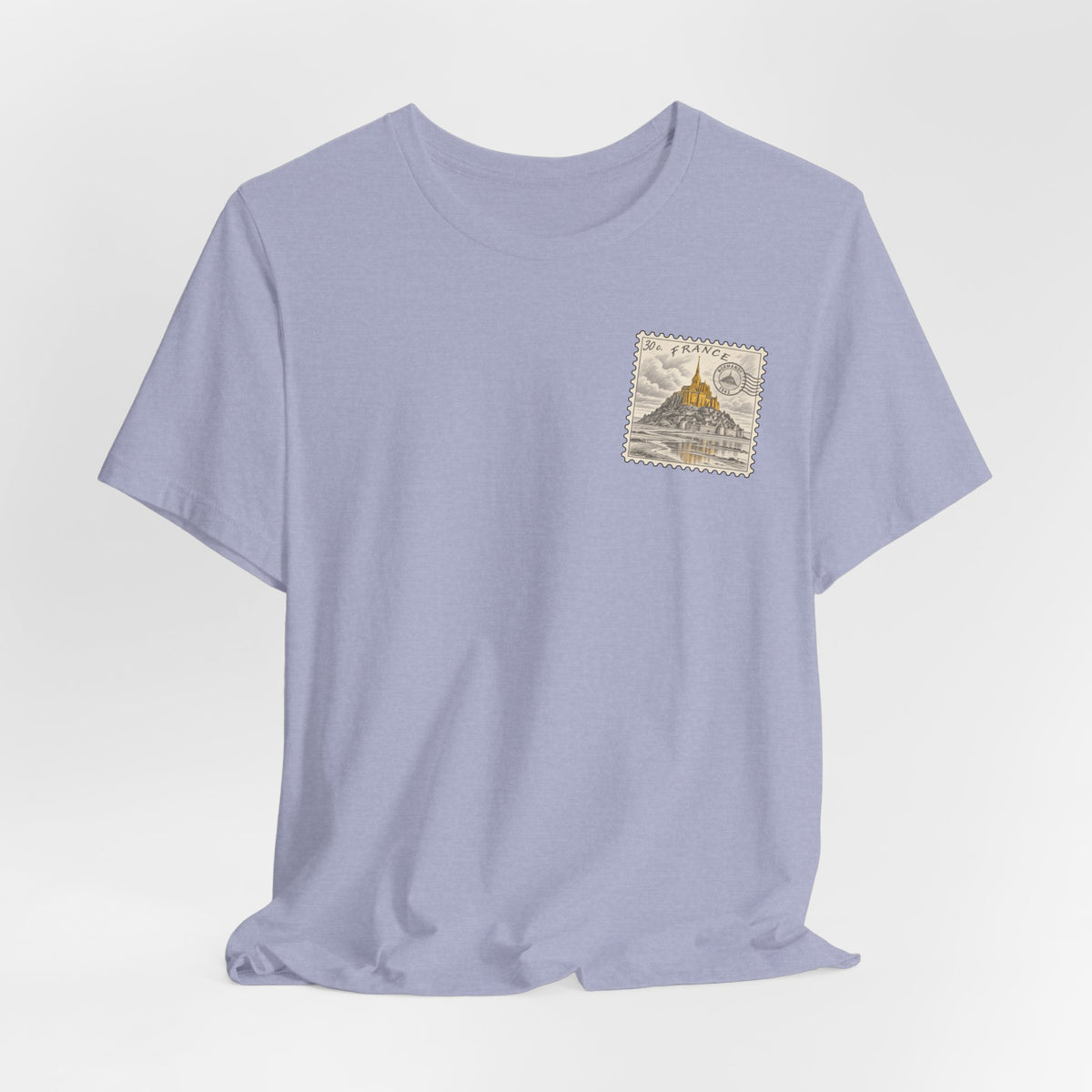 Light purple heather crewneck T-shirt with small postage-stamp style graphic on chest