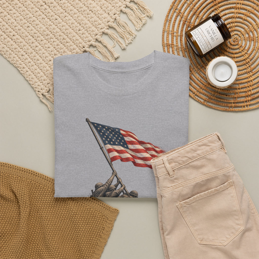Light gray crewneck T-shirt with flag-raising graphic, flat lay