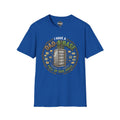 Royal blue T-shirt with “I have a Dad-a-Base” retro computer dad-joke graphic