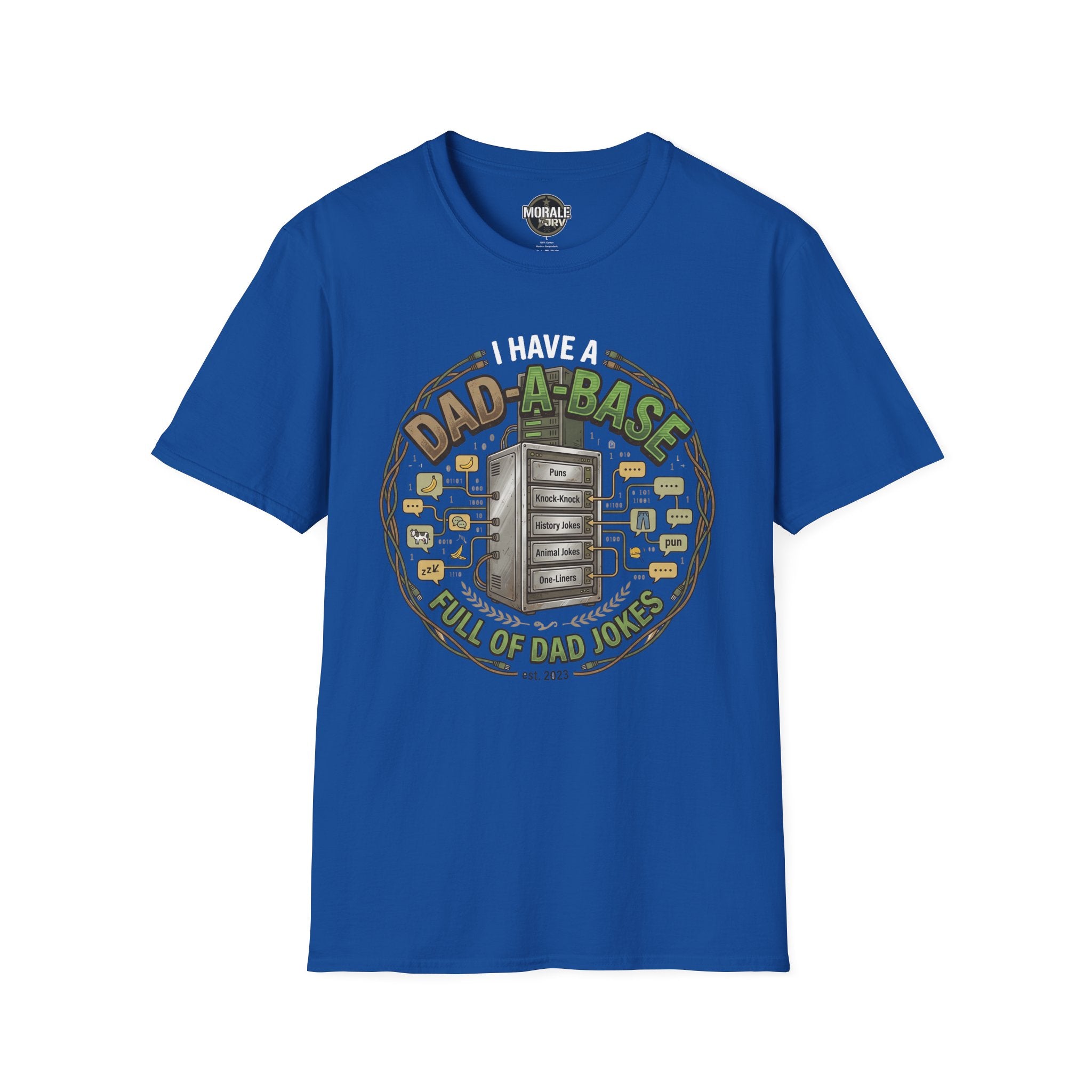 Royal Blue T-shirt with “Dad-A-Base” dad jokes circle graphic on front
