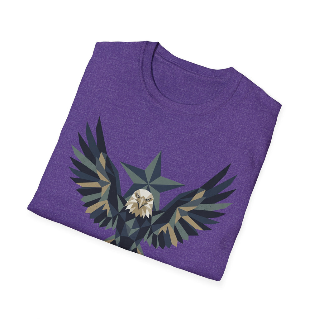 Heather purple crew-neck T-shirt with geometric eagle-and-star graphic on chest