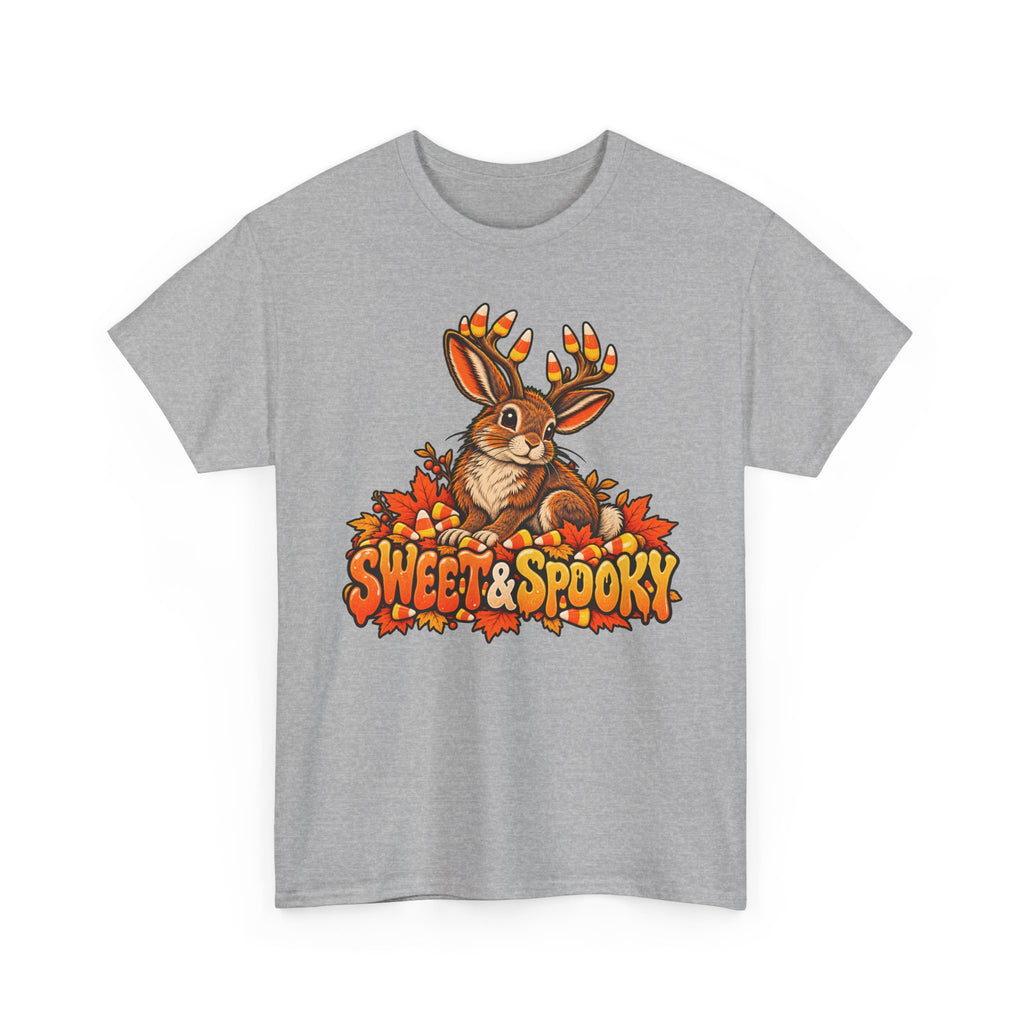 Light gray Halloween jackalope t-shirt with candy corn antler bunny front graphic