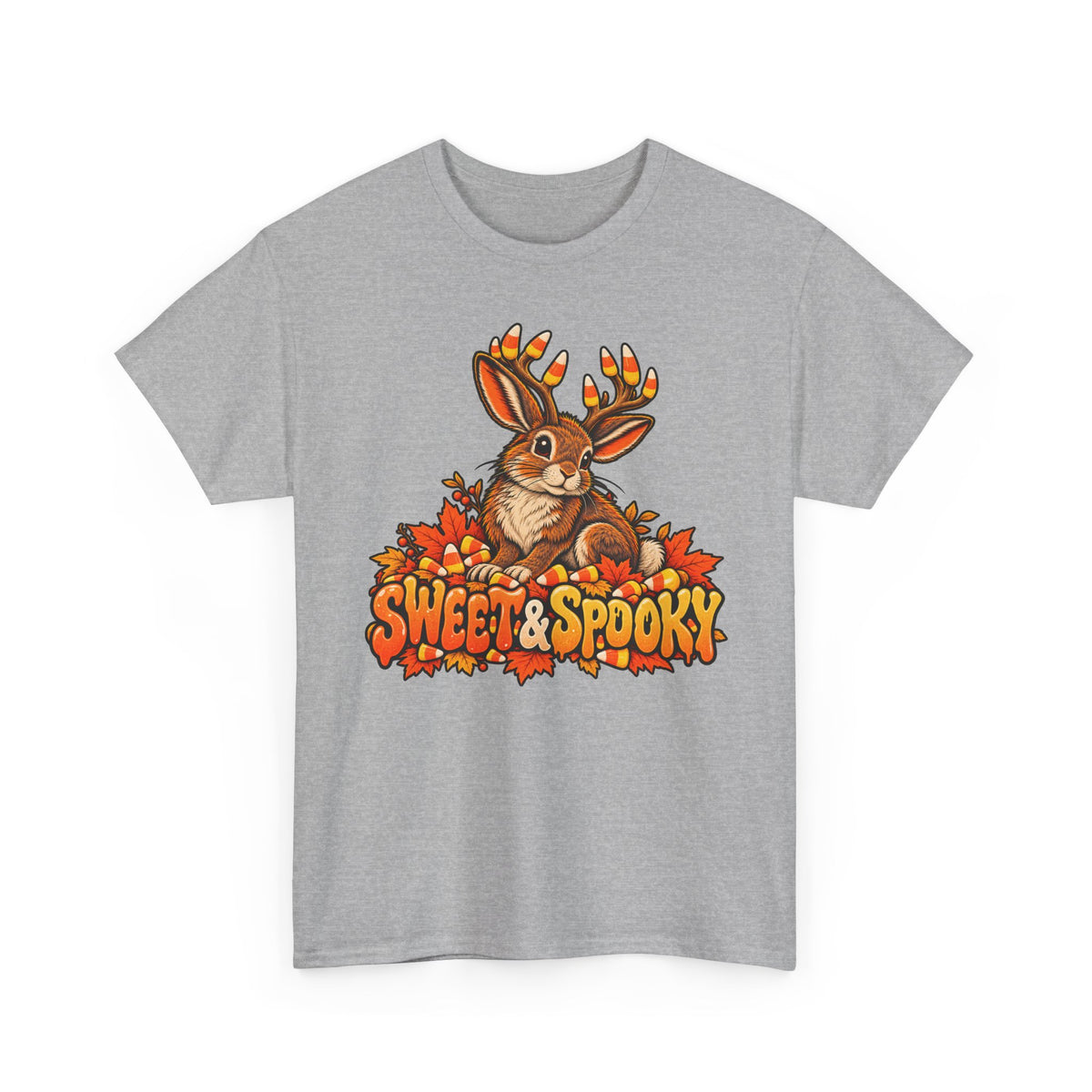 Light gray Halloween jackalope t-shirt with candy corn antler bunny front graphic