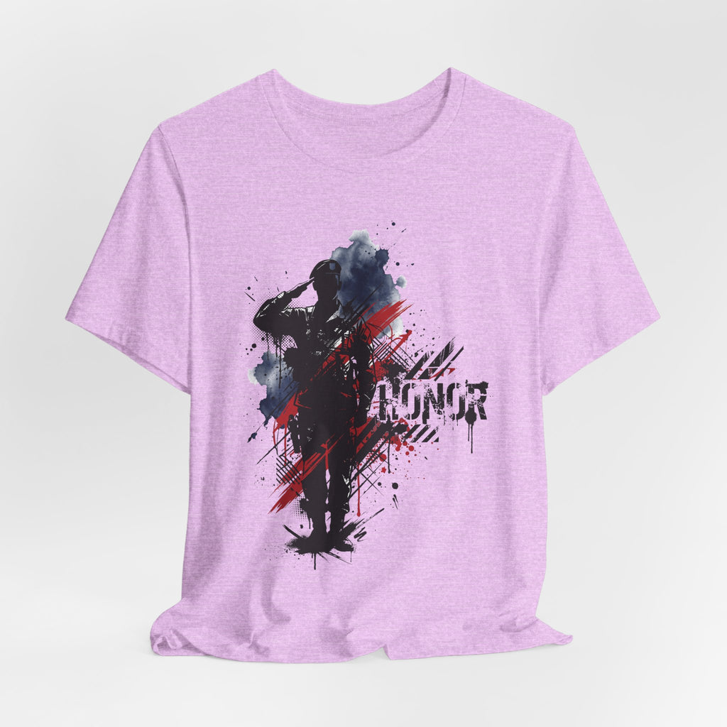 Lavender T-shirt with front soldier silhouette graphic and red-and-blue distressed details