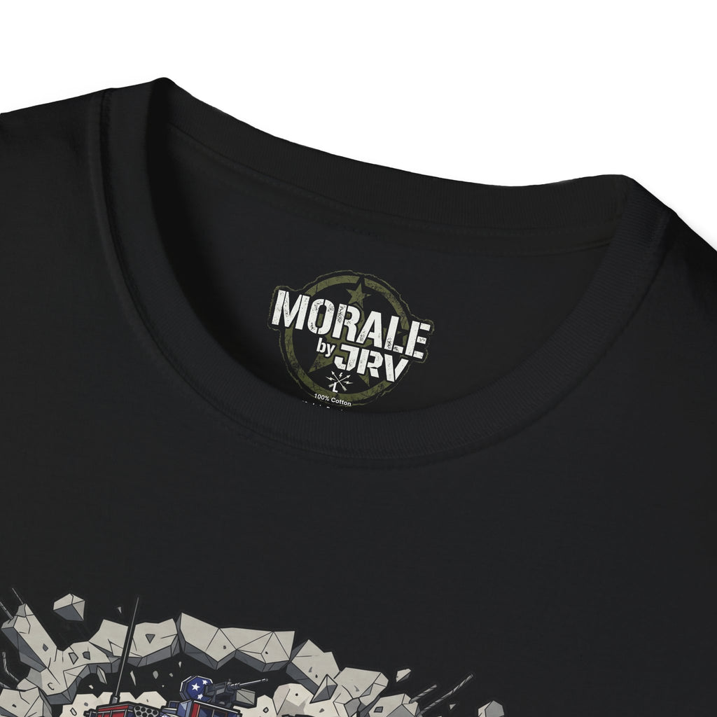 Black T-shirt neckline close-up with brand patch and surrounding graphic