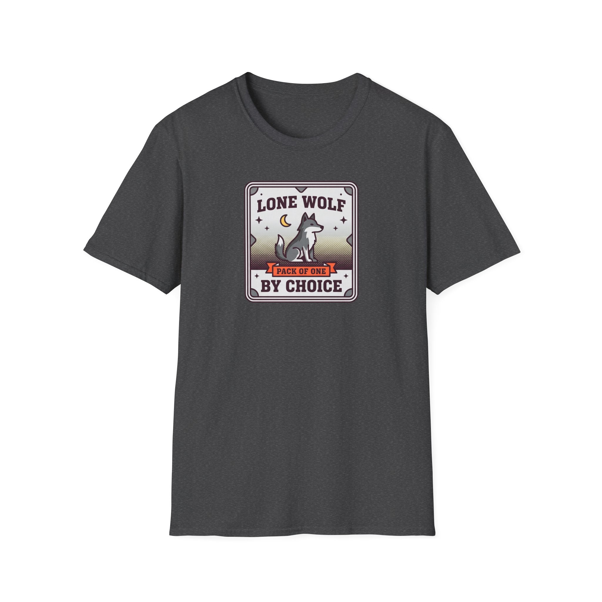 Graphic T-shirt, charcoal gray, front wolf badge logo print