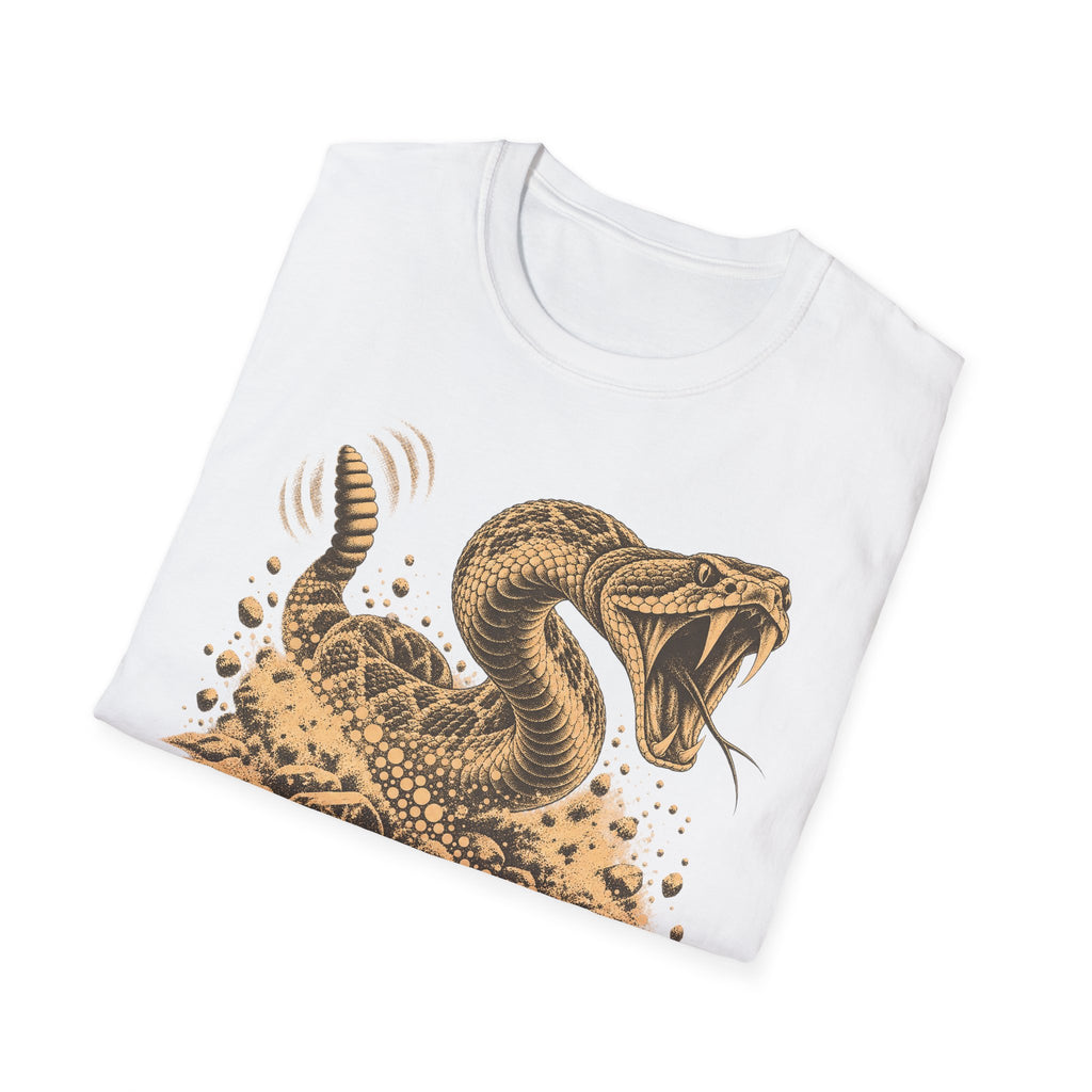 White crewneck T-shirt with coiled rattlesnake desert graphic in tan and gold