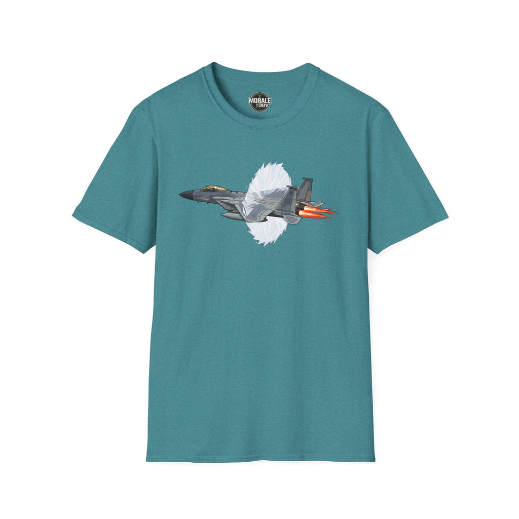 Teal T-shirt with fighter jet afterburner graphic and red-orange flame detail