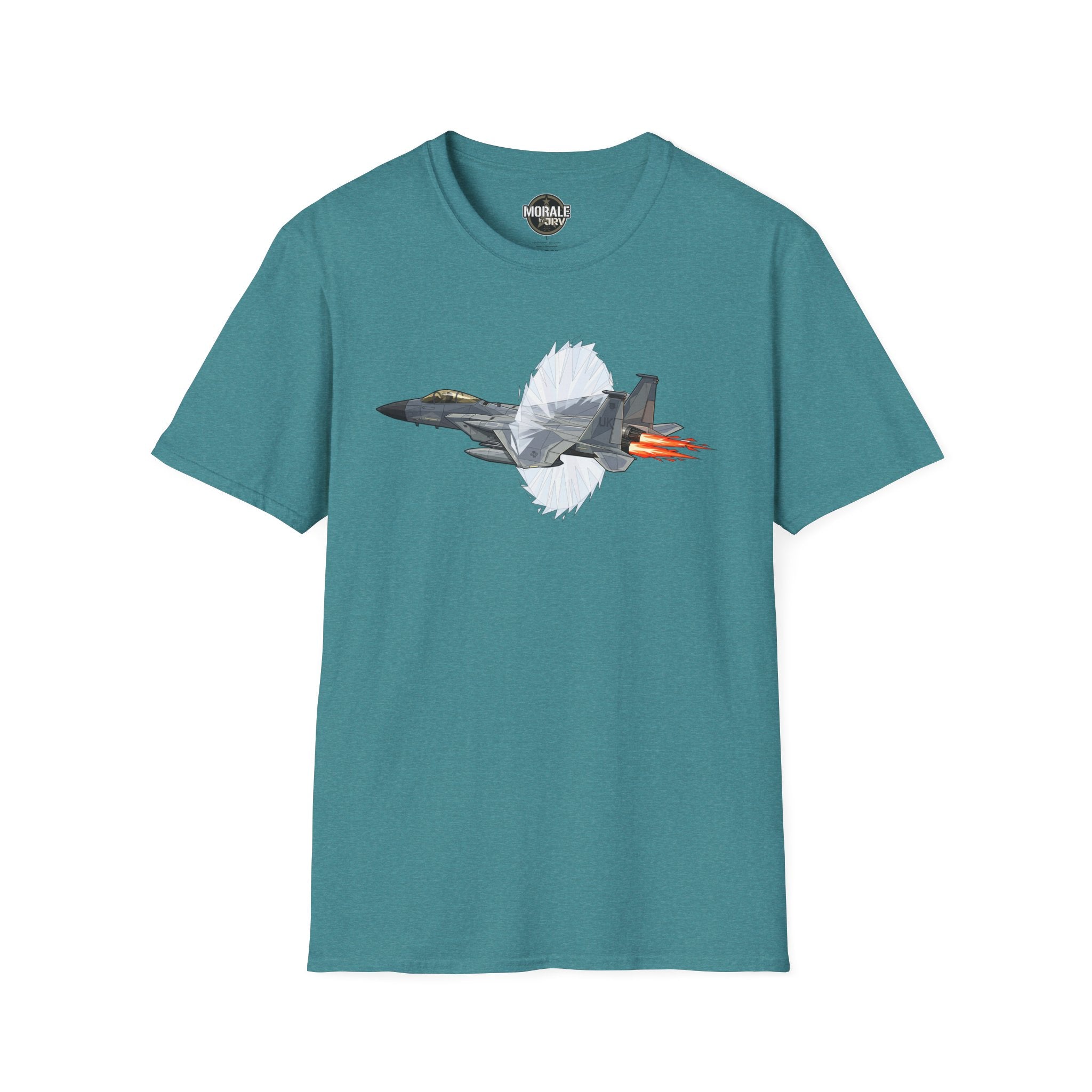 Teal T-shirt with fighter jet afterburner graphic and red-orange flame detail