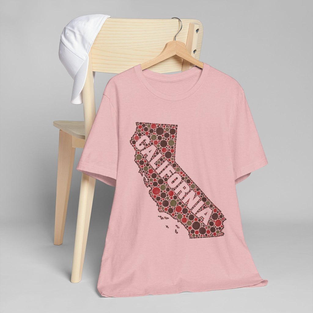 Pink crewneck t-shirt with red floral California map graphic
