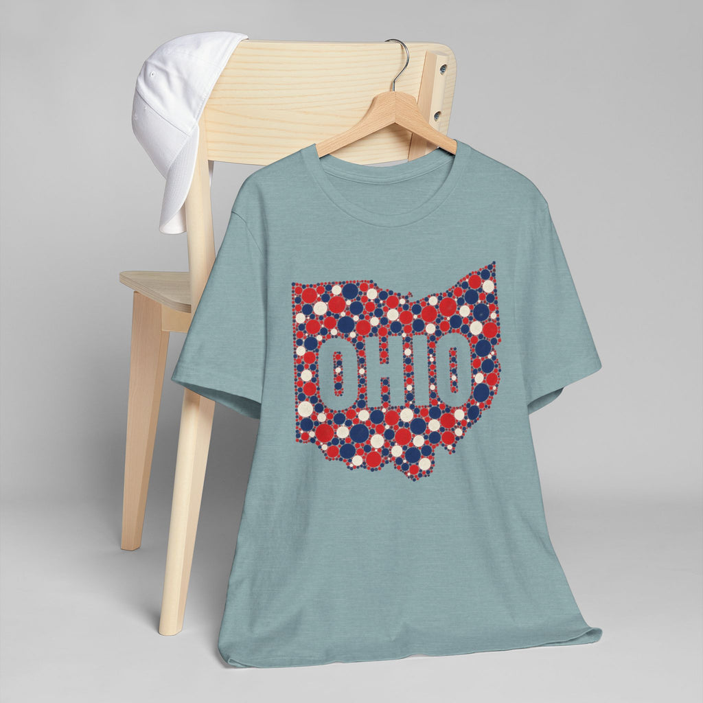 Light blue crew-neck T-shirt with red, white, and blue dotted Ohio graphic front
