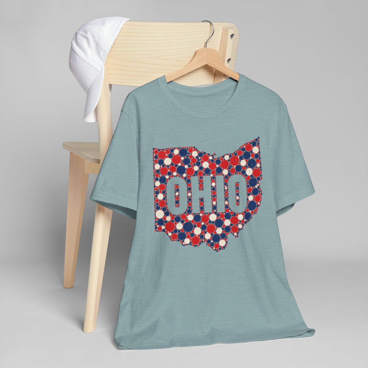 Light blue crew-neck T-shirt with red, white, and blue dotted Ohio graphic front