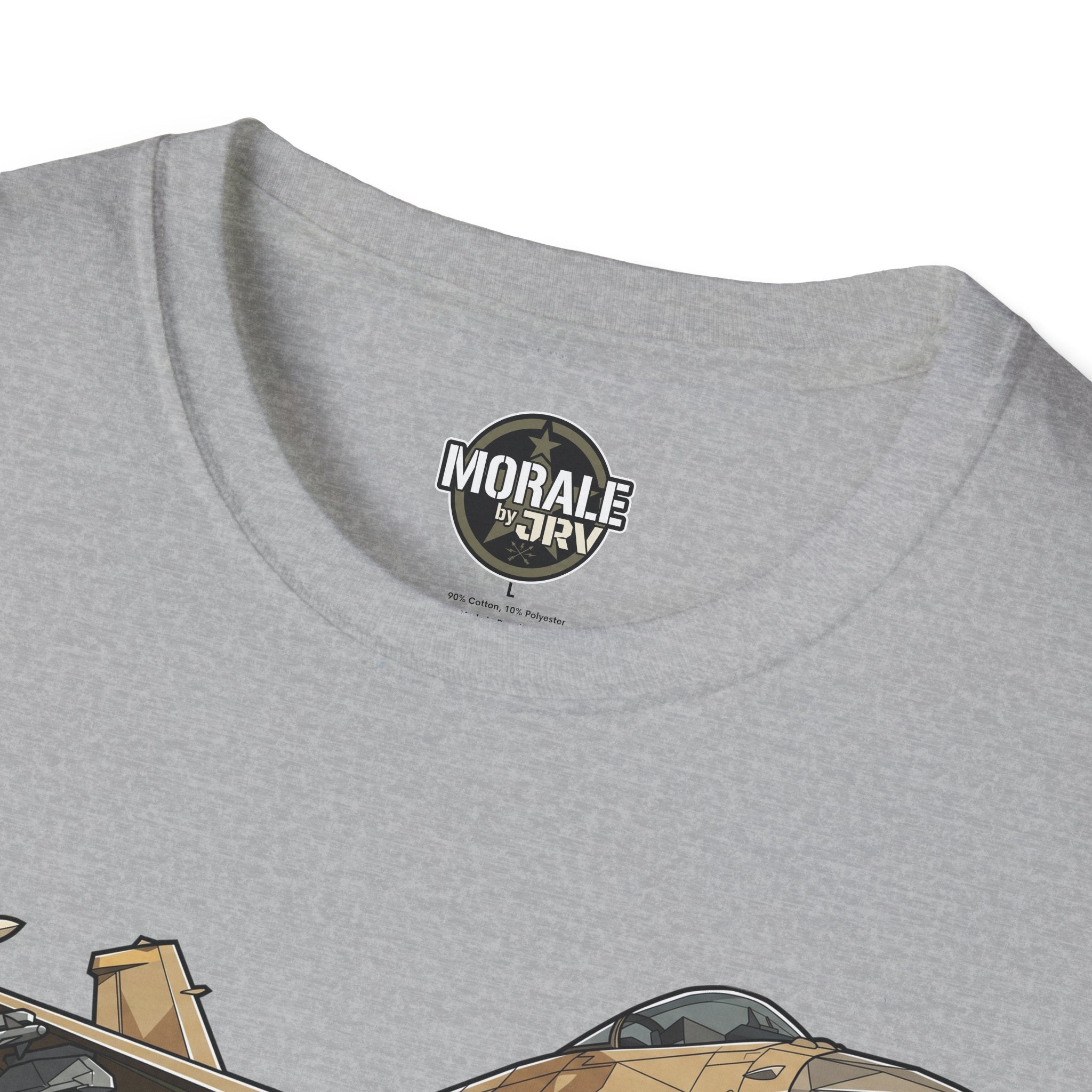Sport gray T-shirt collar with circular brand logo; partial camouflage jet graphic