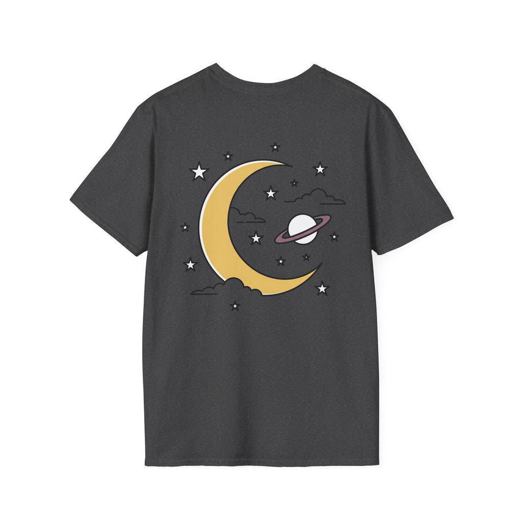 Dark gray t-shirt with yellow crescent moon, planet ring, stars, and clouds graphic