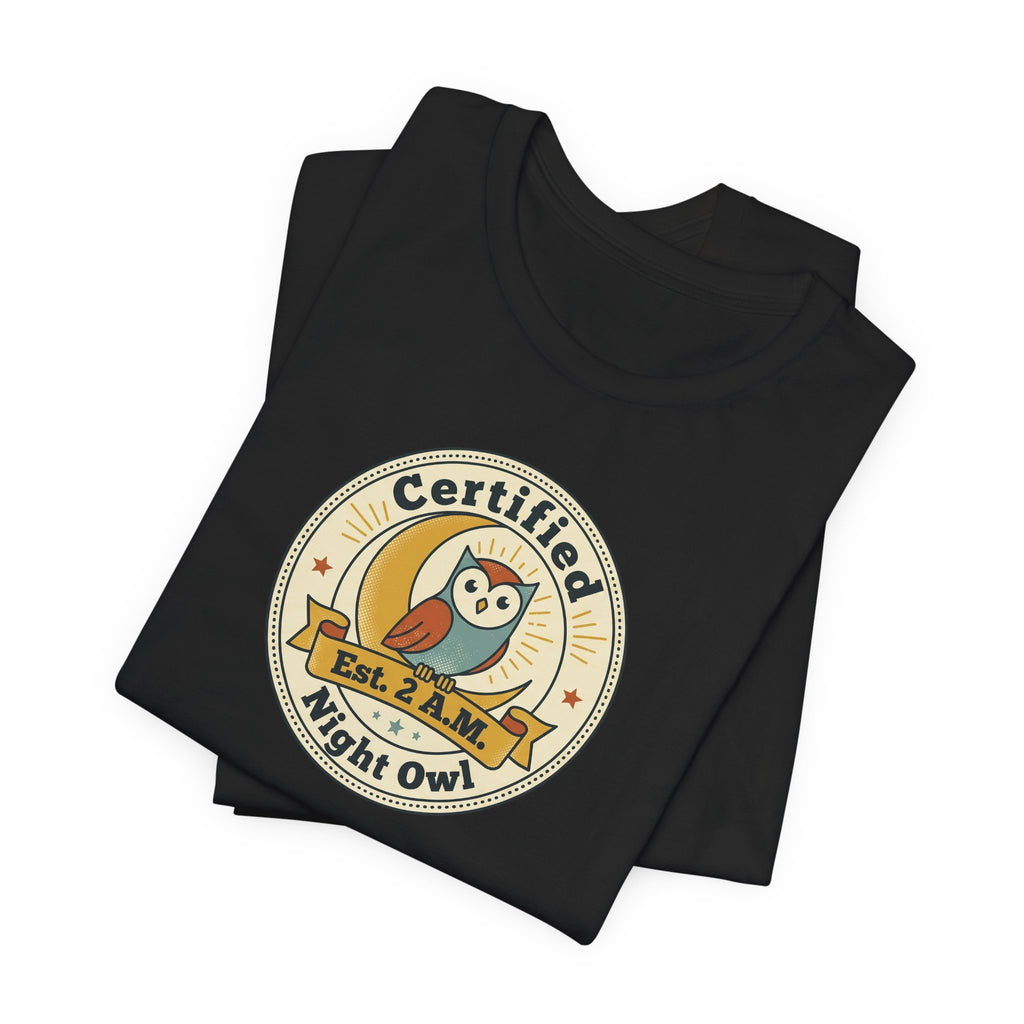 Black Night Owl badge graphic T-shirt with round Certified logo on chest