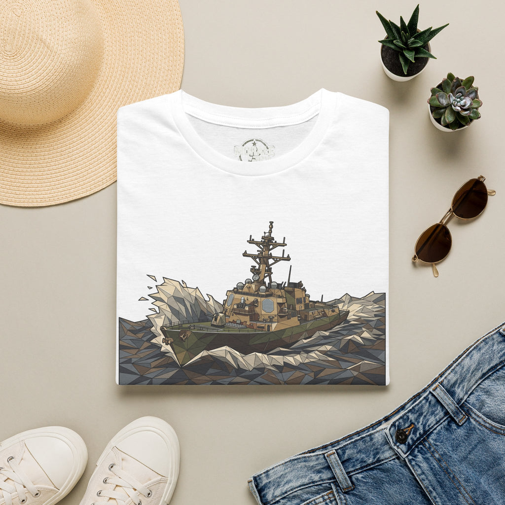 White crewneck T-shirt with maritime rescue ship graphic on the front