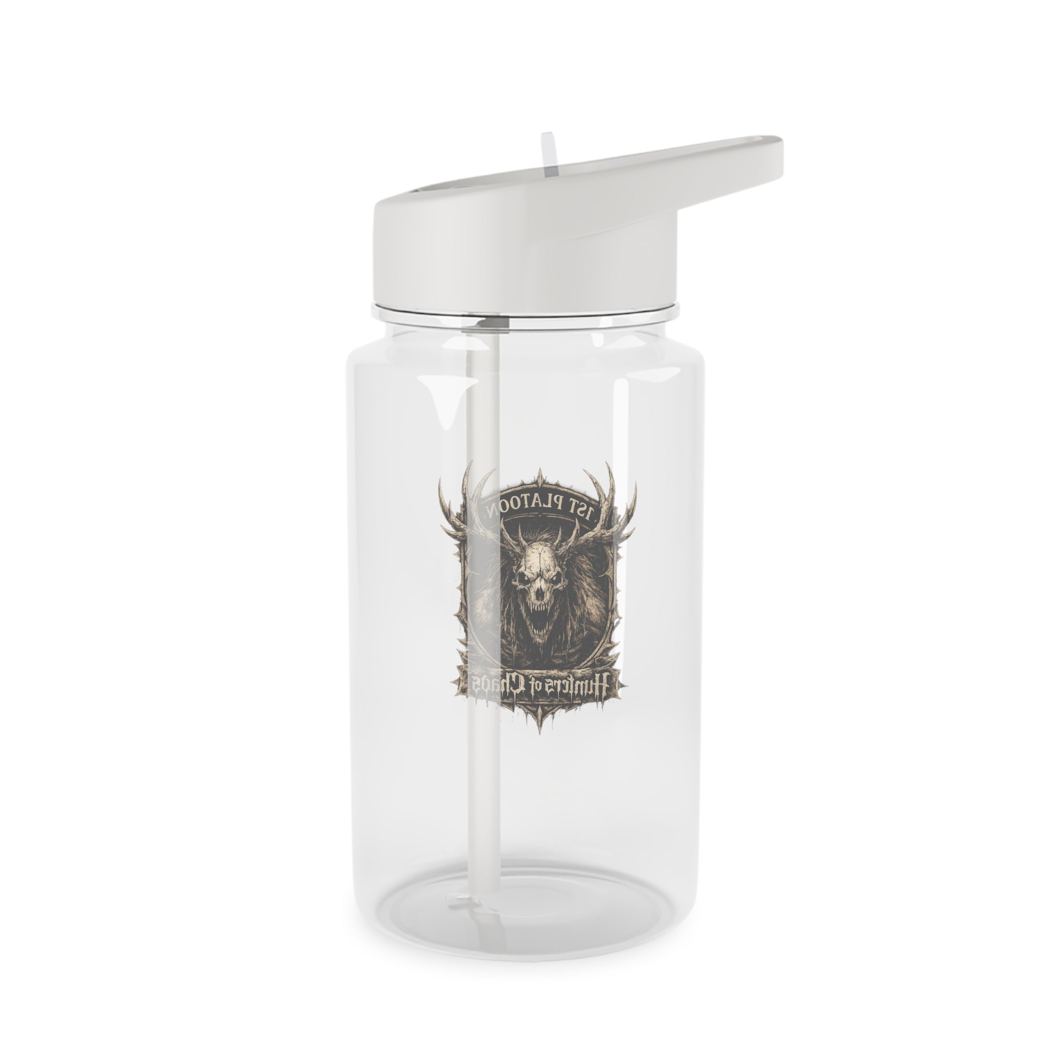 Transparent plastic water bottle with silver flip-top cap and partially visible front logo