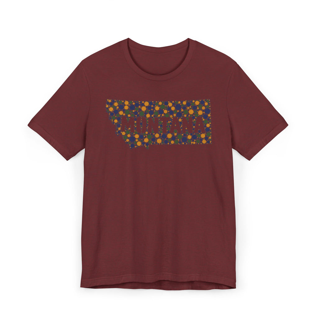 Burgundy crewneck T-shirt with colorful Montana outline graphic on the chest