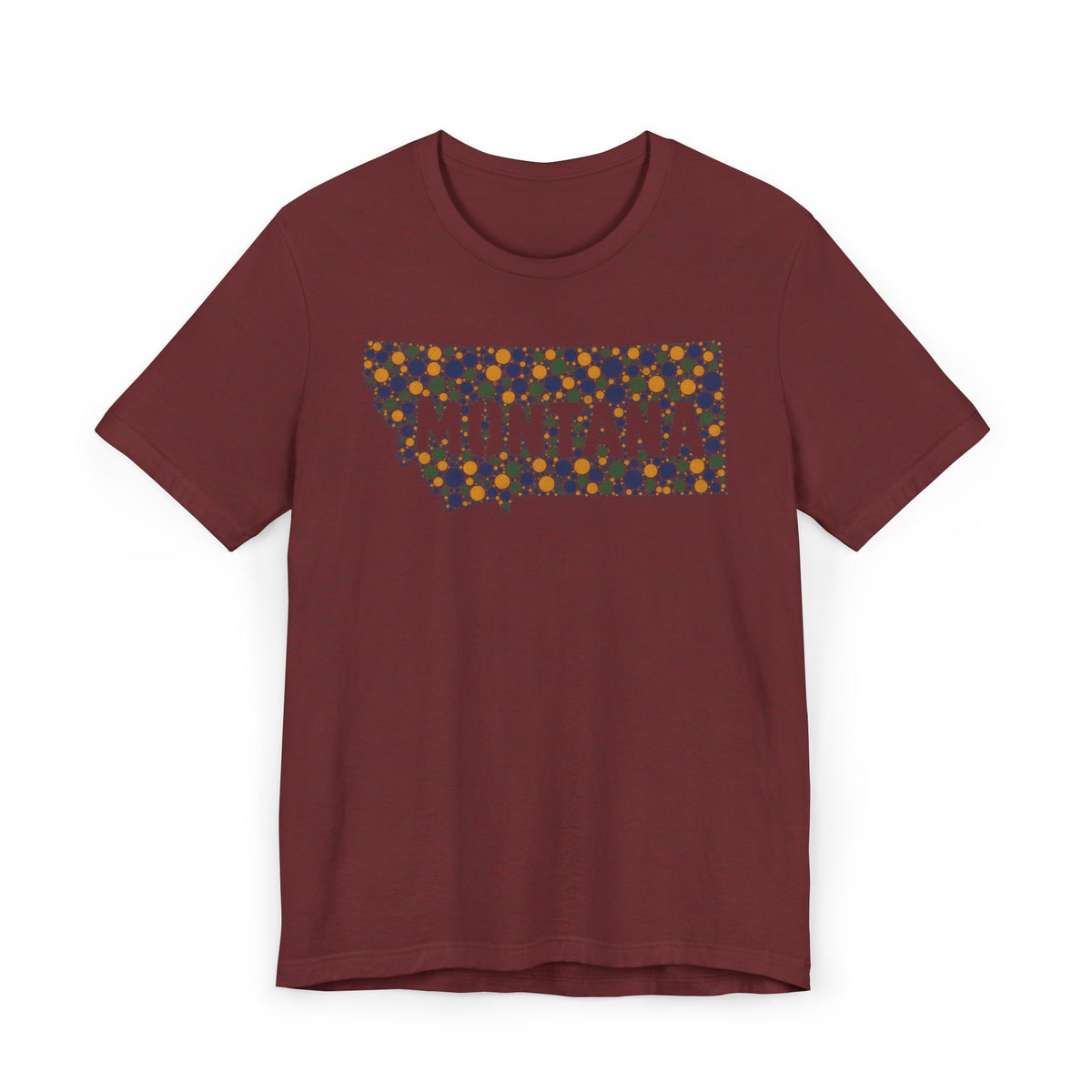 Burgundy crewneck T-shirt with colorful Montana outline graphic on the chest