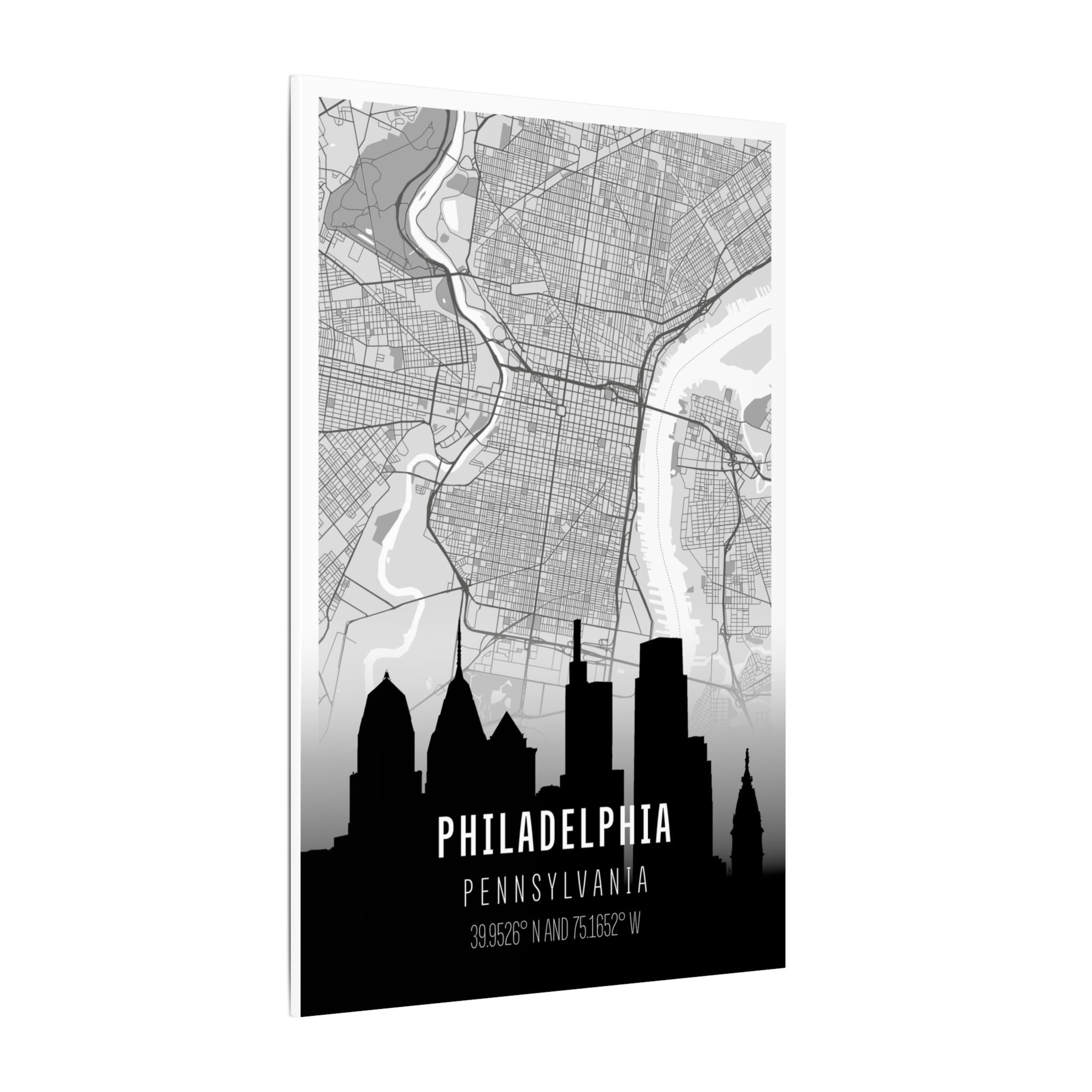Matte stretched Philadelphia skyline map canvas with black city silhouette and text