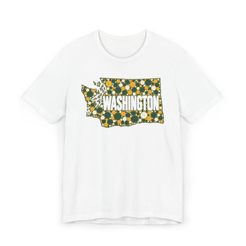 White crewneck T-shirt with Washington floral dot outline graphic in green and gold