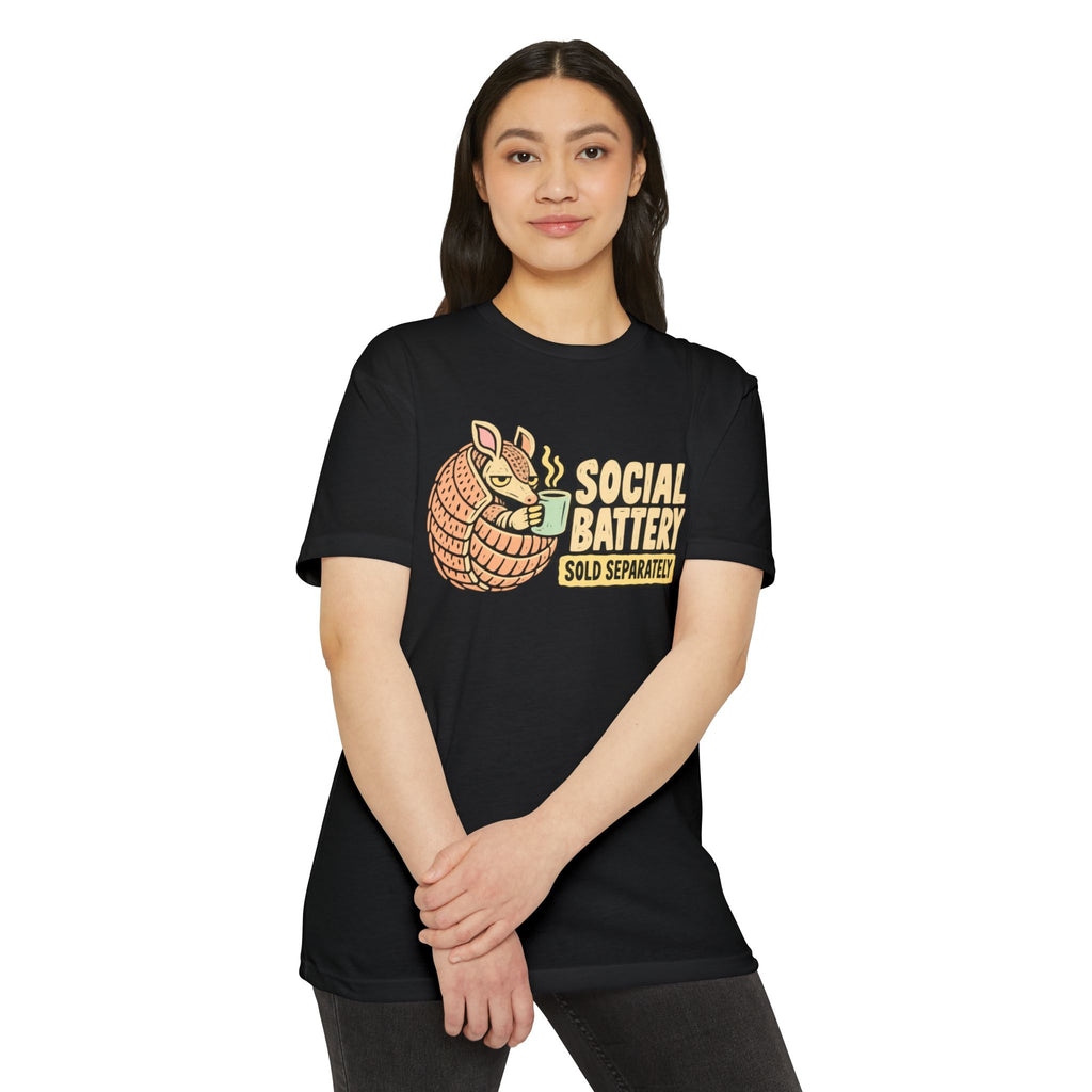 Black graphic T-shirt with armadillo “SOCIAL BATTERY” text on the front