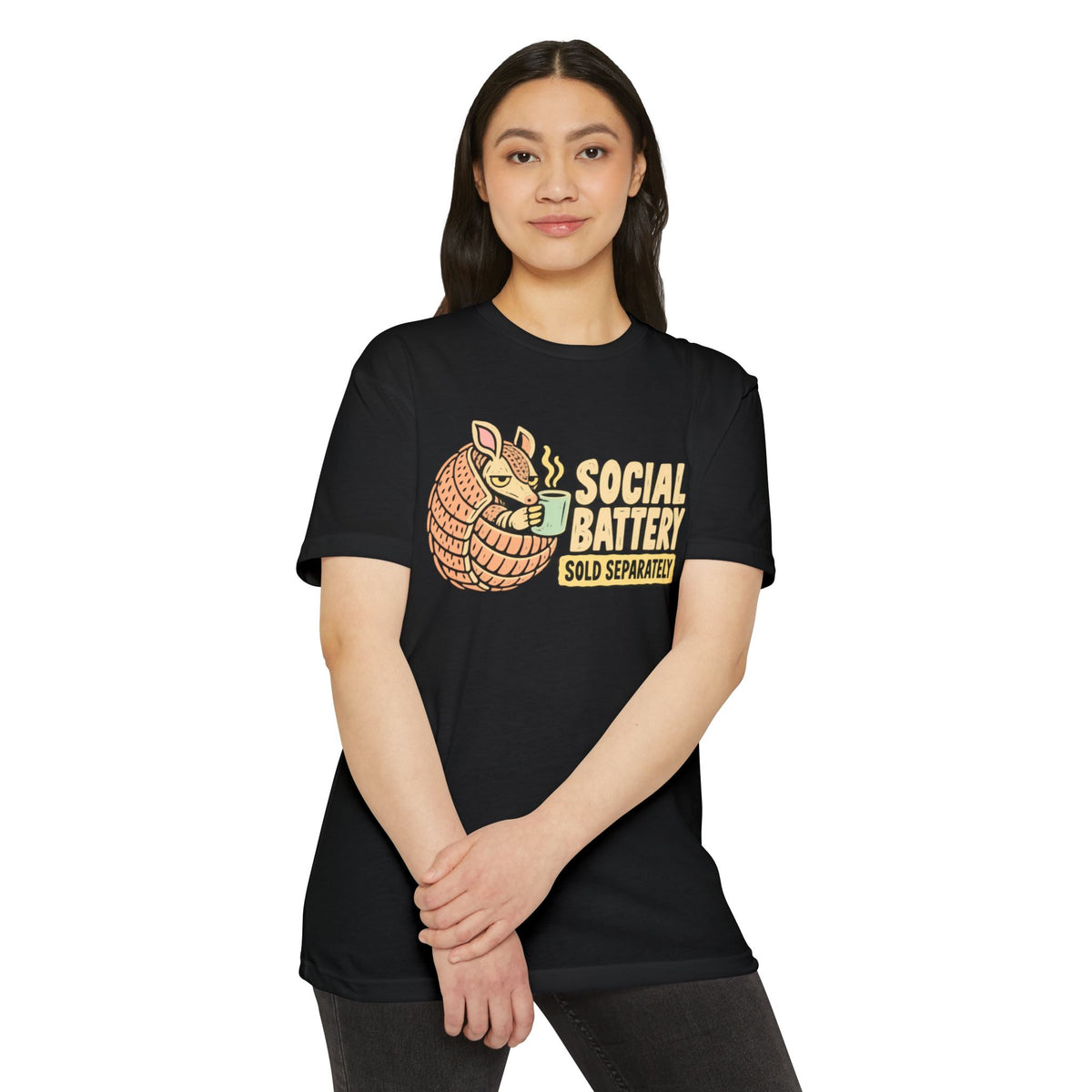 Black graphic T-shirt with armadillo “SOCIAL BATTERY” text on the front