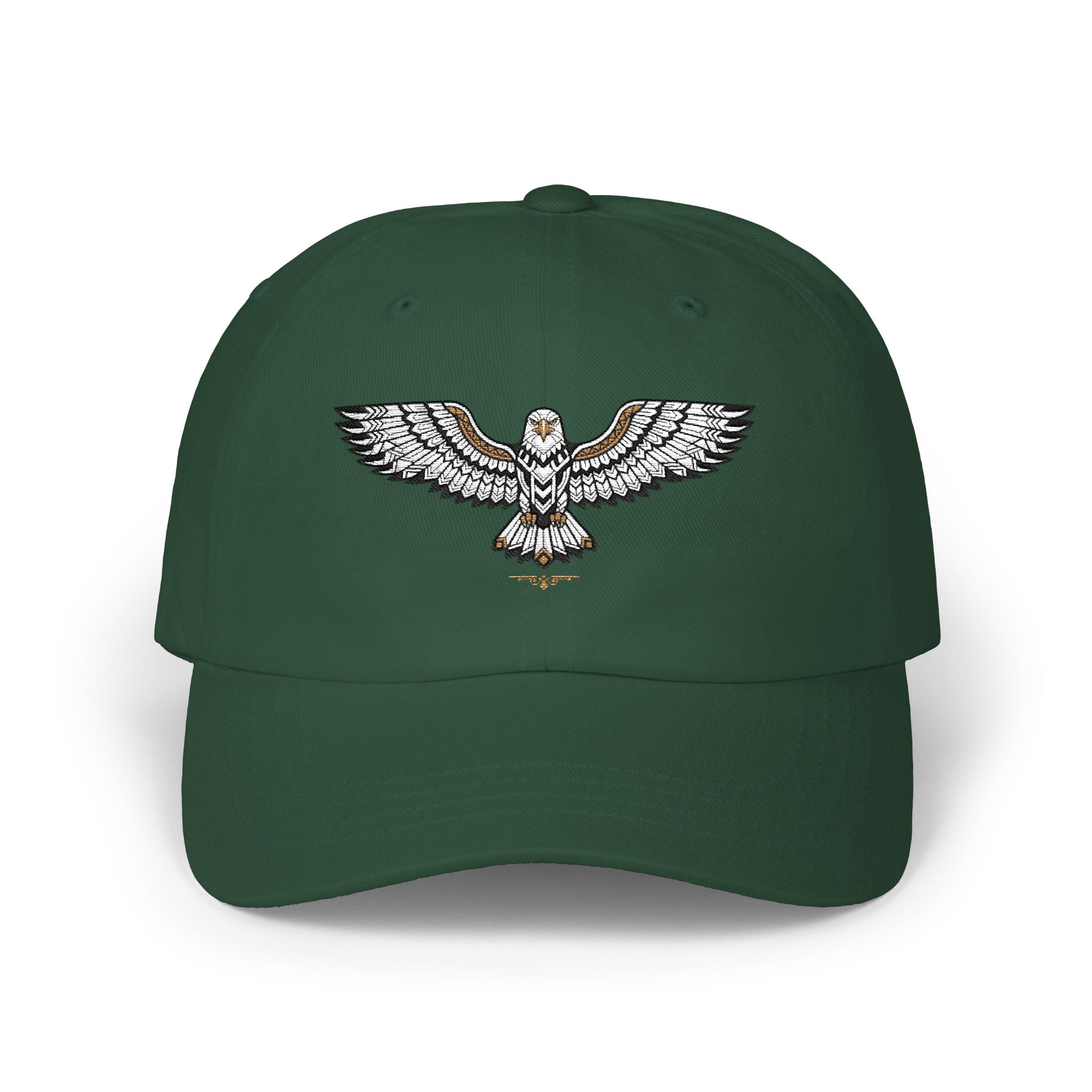 Green baseball cap with embroidered eagle emblem on the front