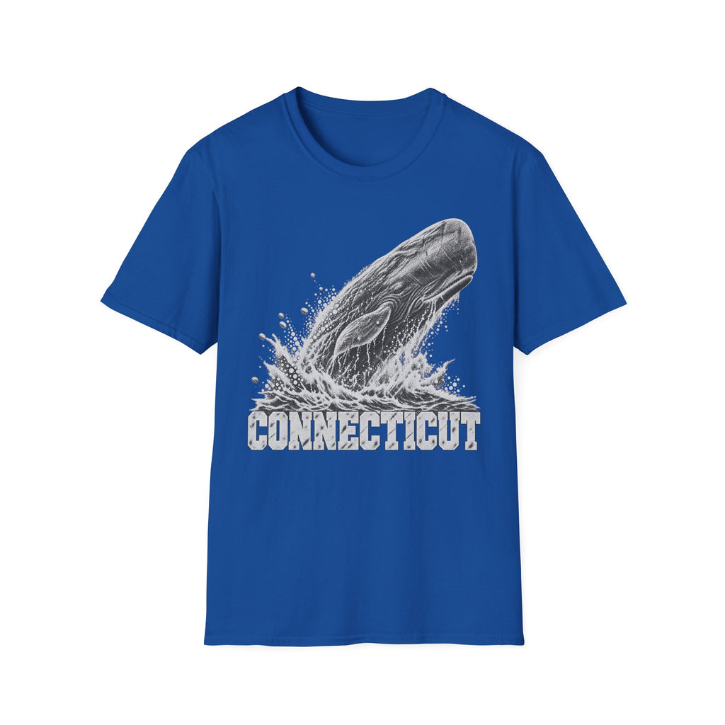 Navy t-shirt with breaching whale and splash graphic with “Connecticut” text