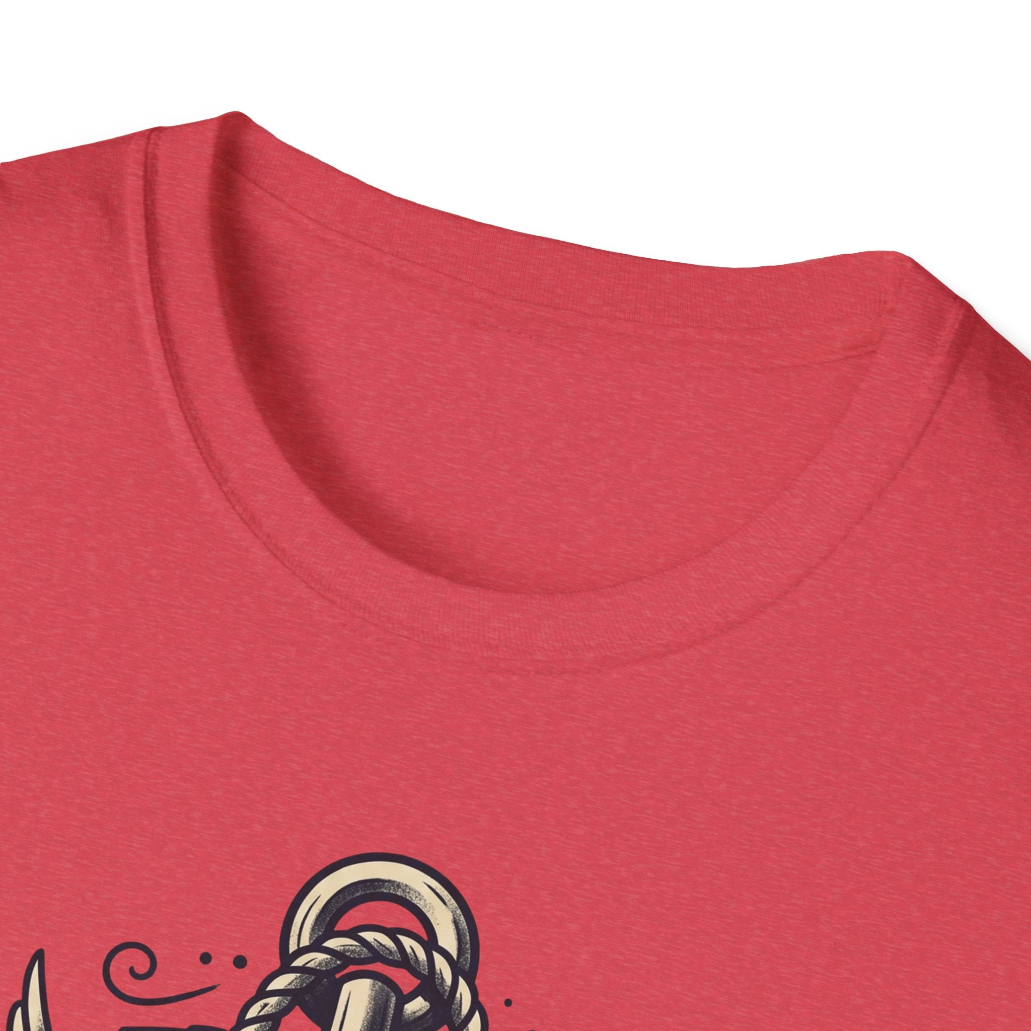 Heather red T-shirt neckline and partial maritime skull anchor design