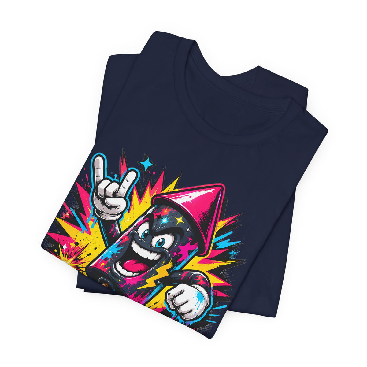 Navy graphic T-shirt with cartoon character pointing and colorful comic burst