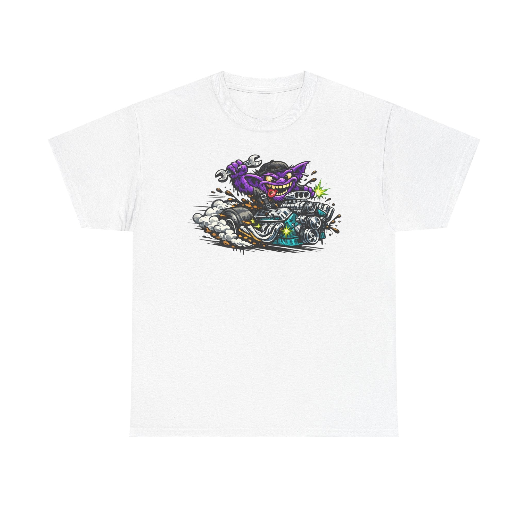 White biker cat graphic T-shirt with grinning cat on a motorcycle