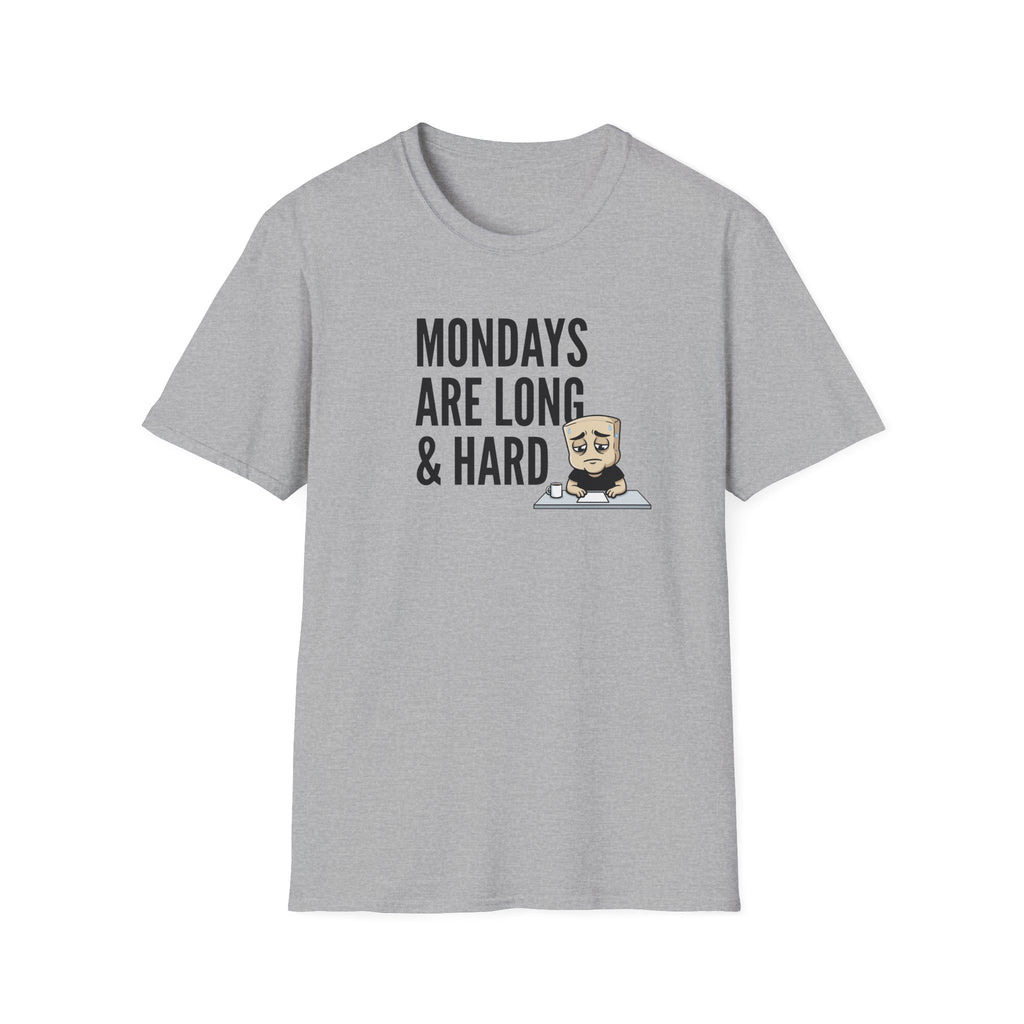 Light gray T-shirt with “MONDAYS ARE LONG & HARD” graphic and cartoon coffee mug