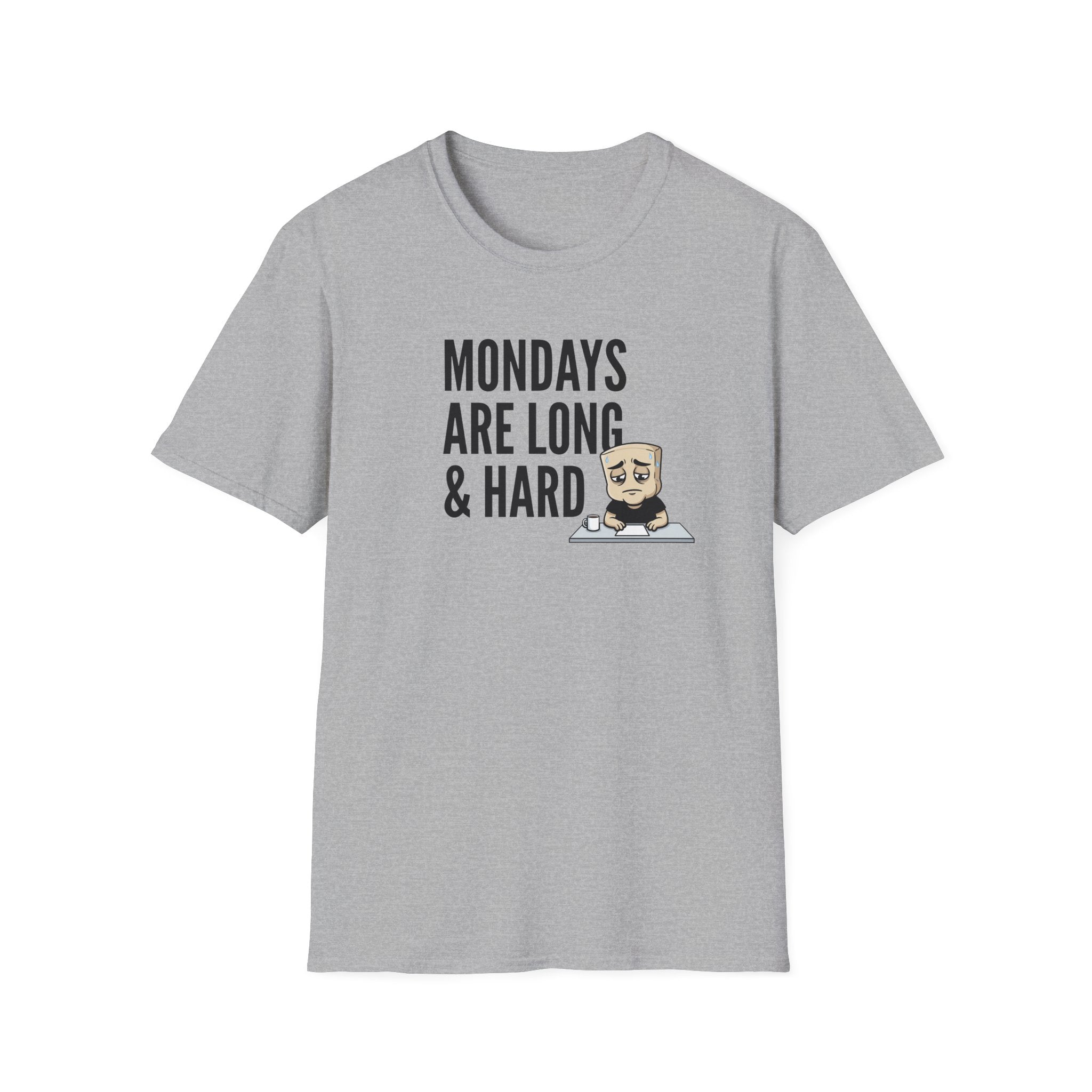 Light gray T-shirt with “MONDAYS ARE LONG & HARD” graphic and cartoon coffee mug