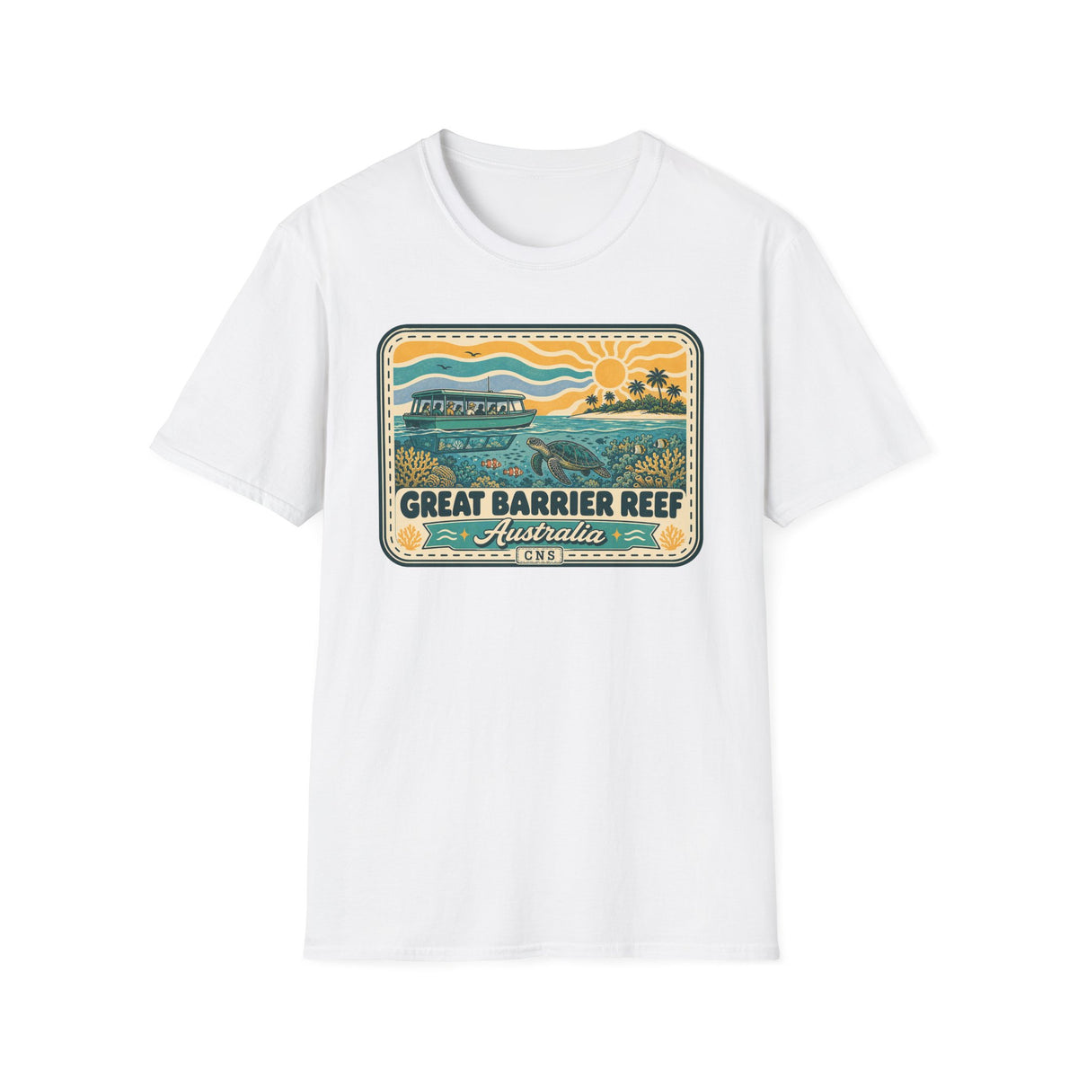 White T-shirt with rectangular Great Barrier Reef Australia graphic at chest