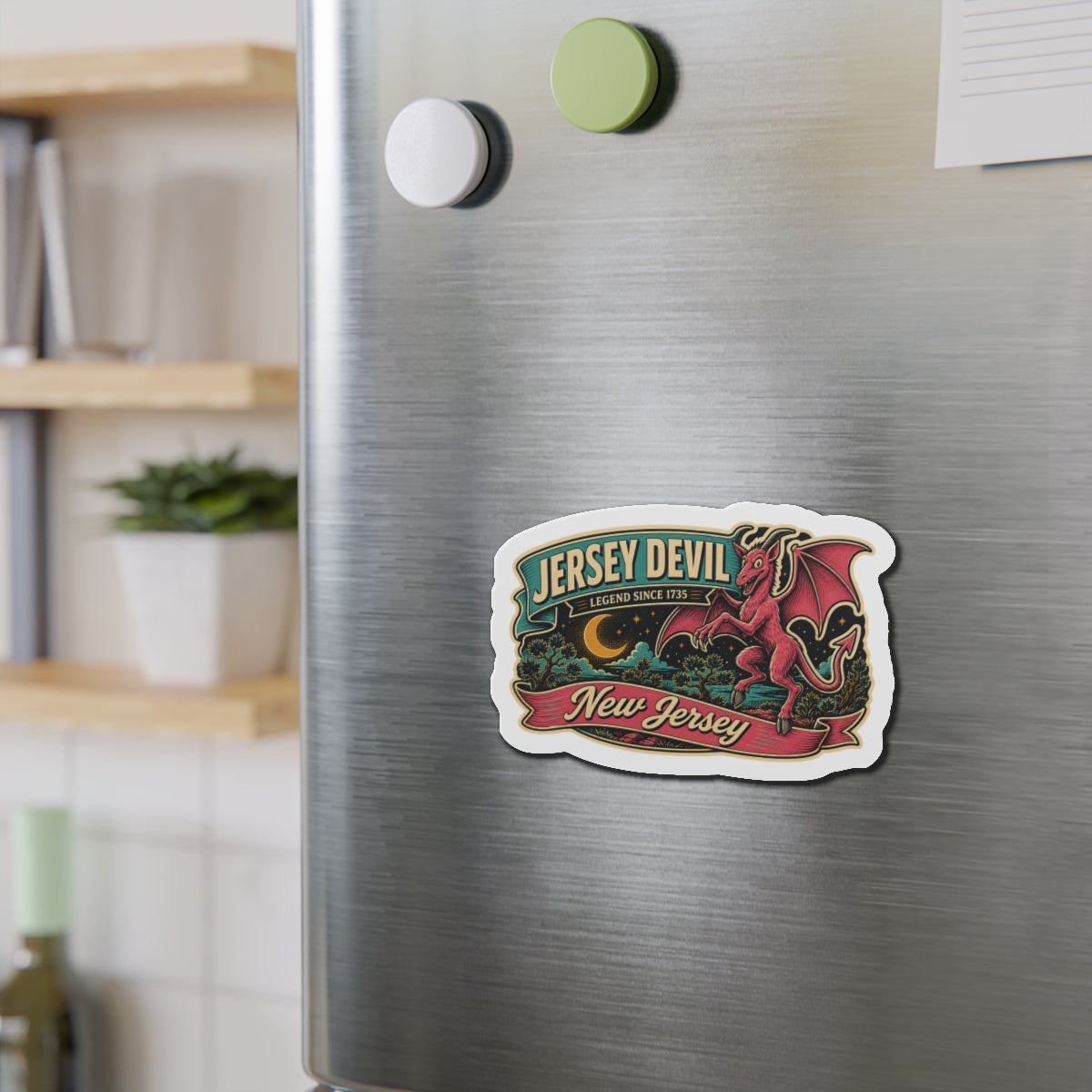 Jersey Devil die-cut magnet with colorful New Jersey badge on brushed metal fridge