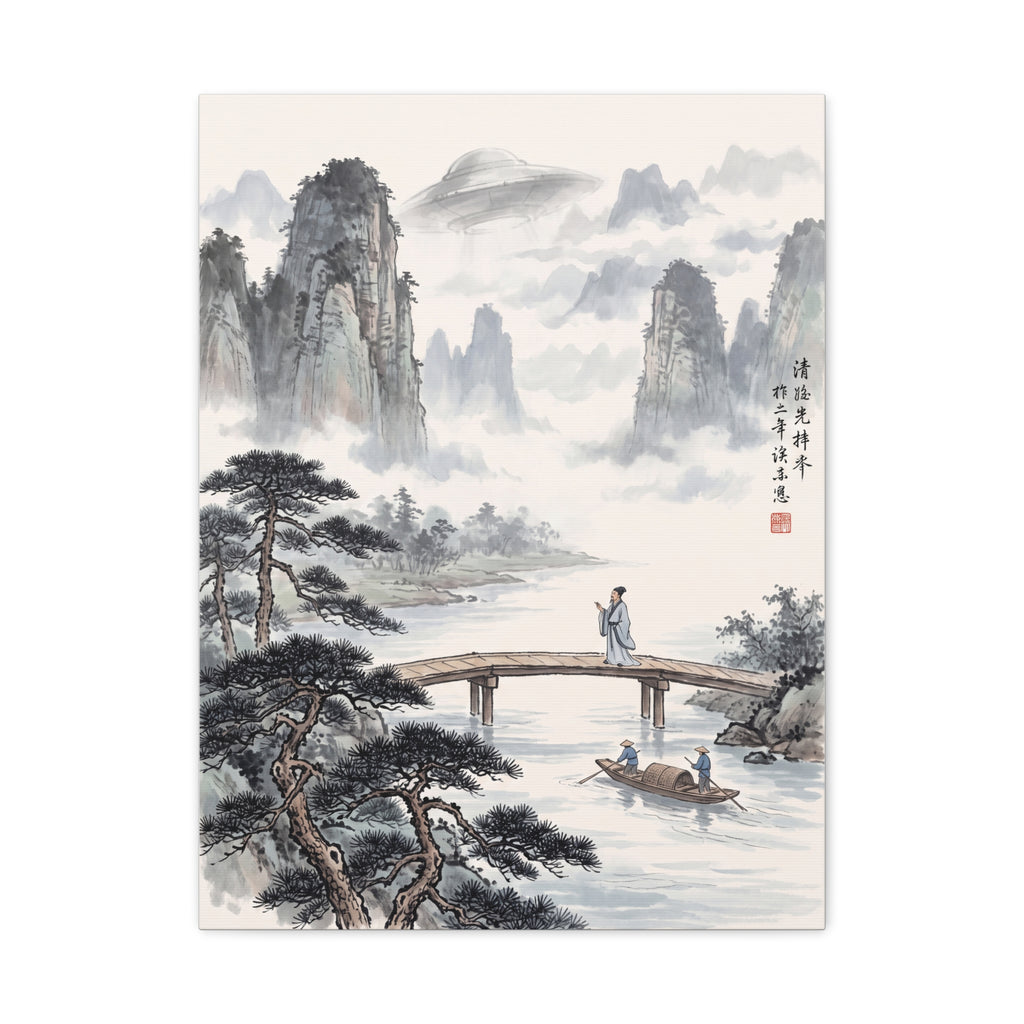 Framed landscape wall art print showing misty mountain peaks, pine trees, and a river scene