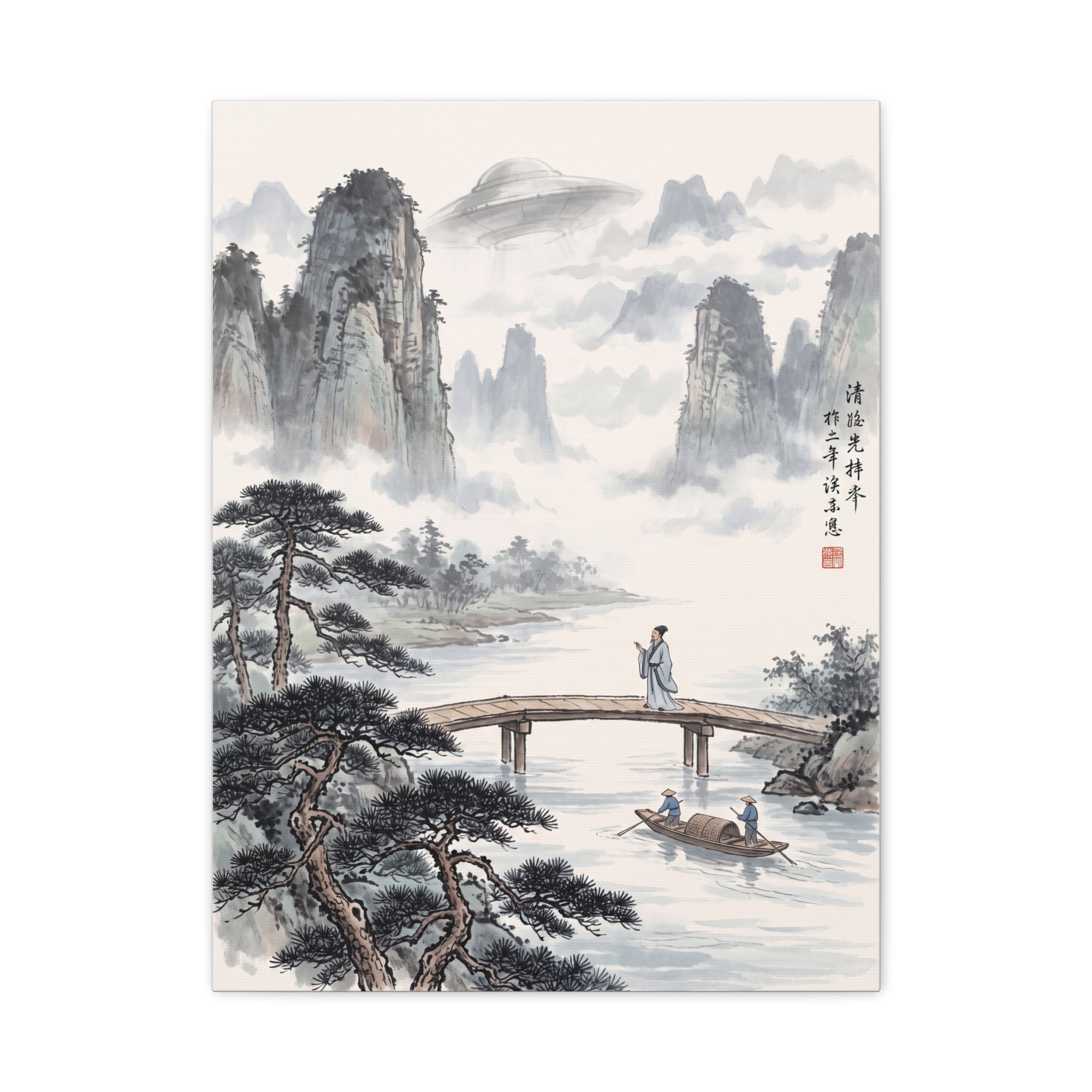 Framed landscape wall art print showing misty mountain peaks, pine trees, and a river scene